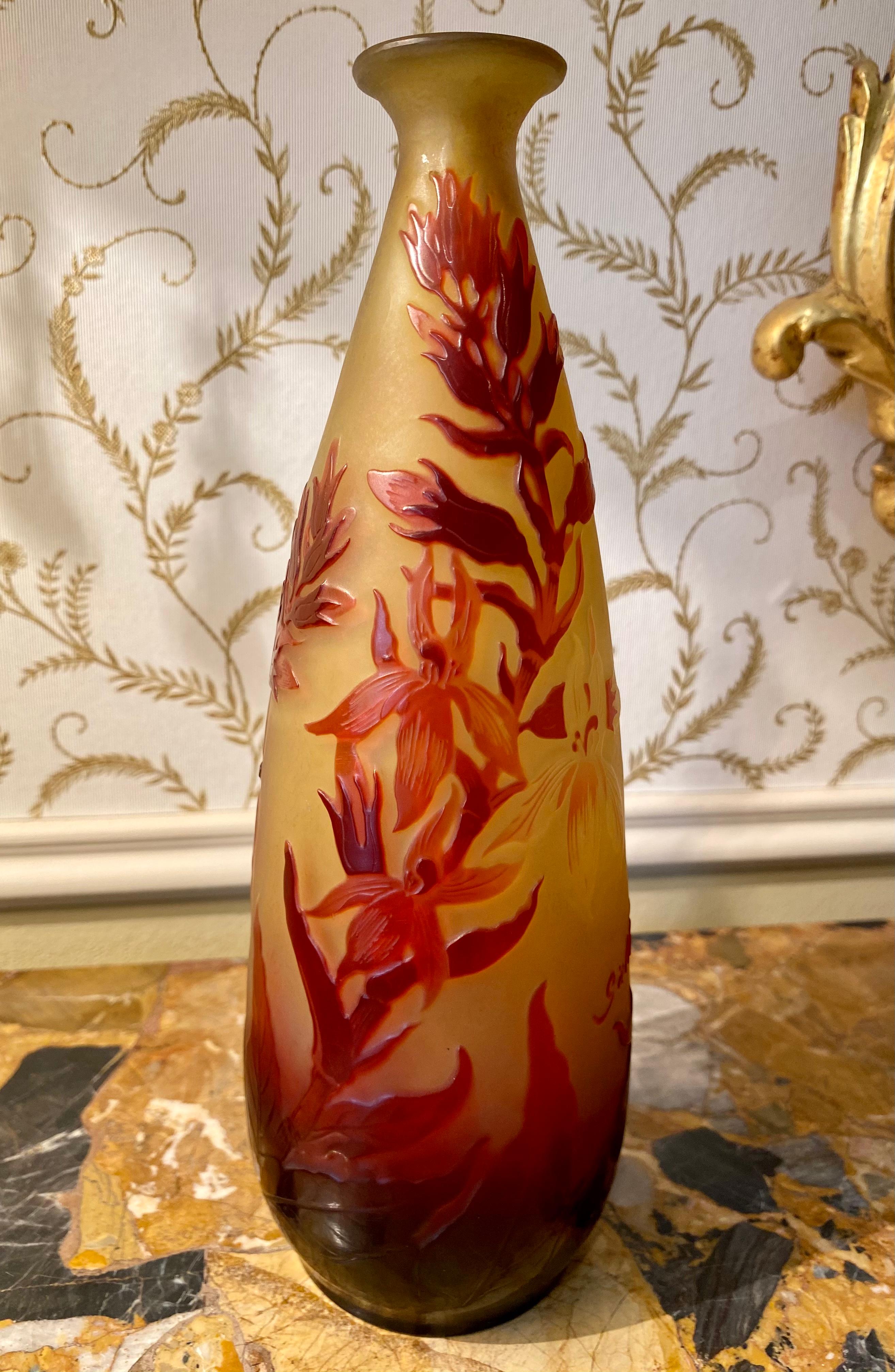 French Emile Galle, Art Nouveau Style Elongated Piriform Vase with Irises 20th Century For Sale