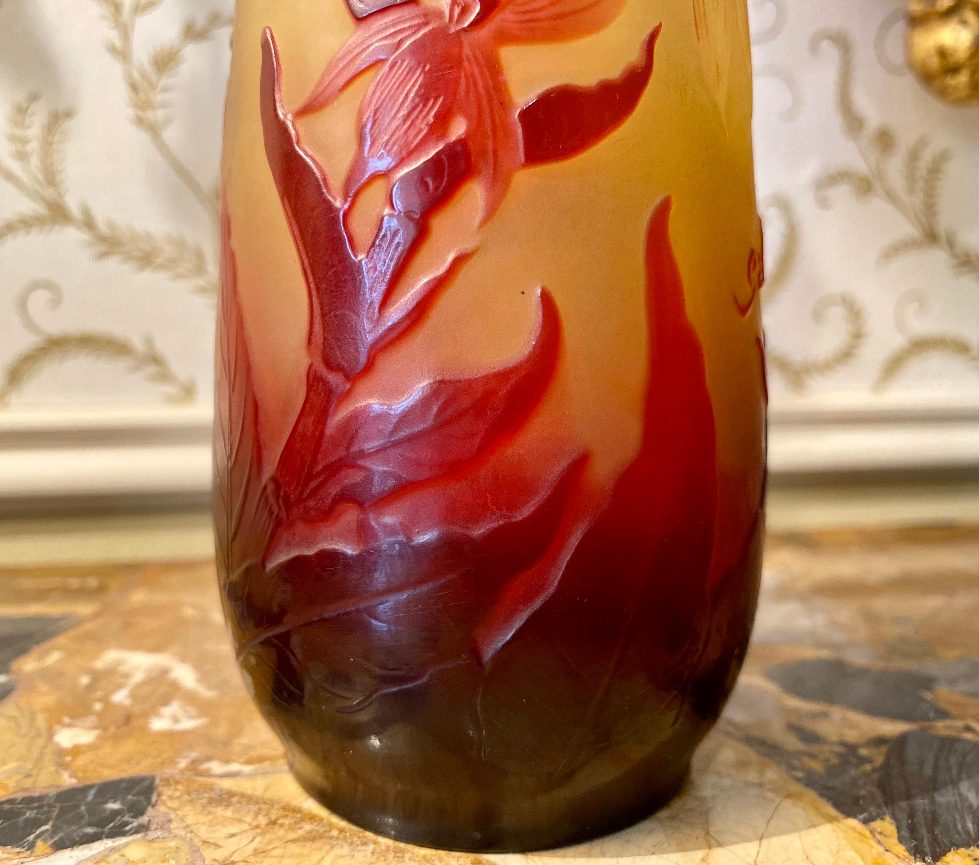 Art Glass Emile Galle, Art Nouveau Style Elongated Piriform Vase with Irises 20th Century For Sale