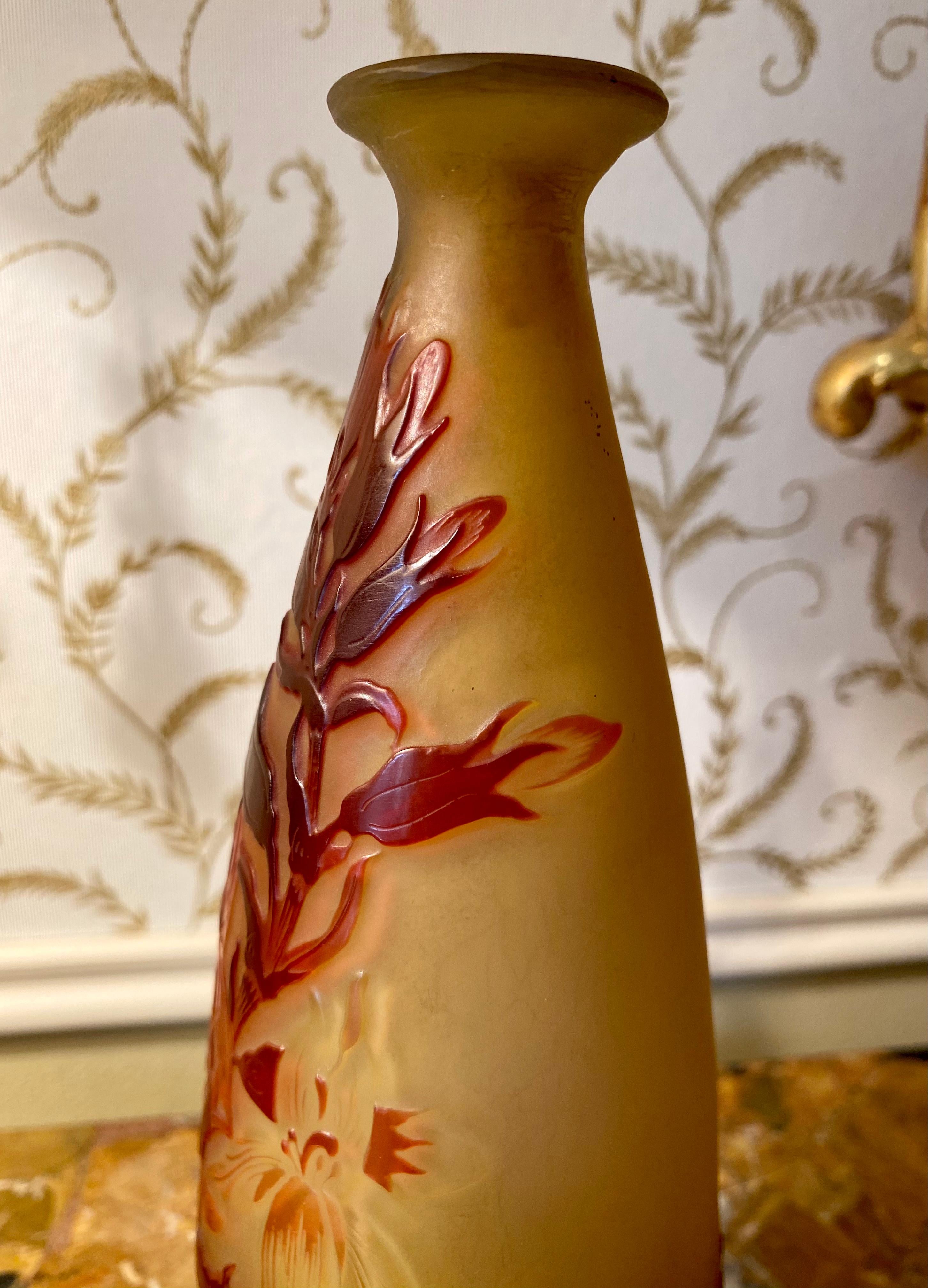 Emile Galle, Art Nouveau Style Elongated Piriform Vase with Irises 20th Century For Sale 1