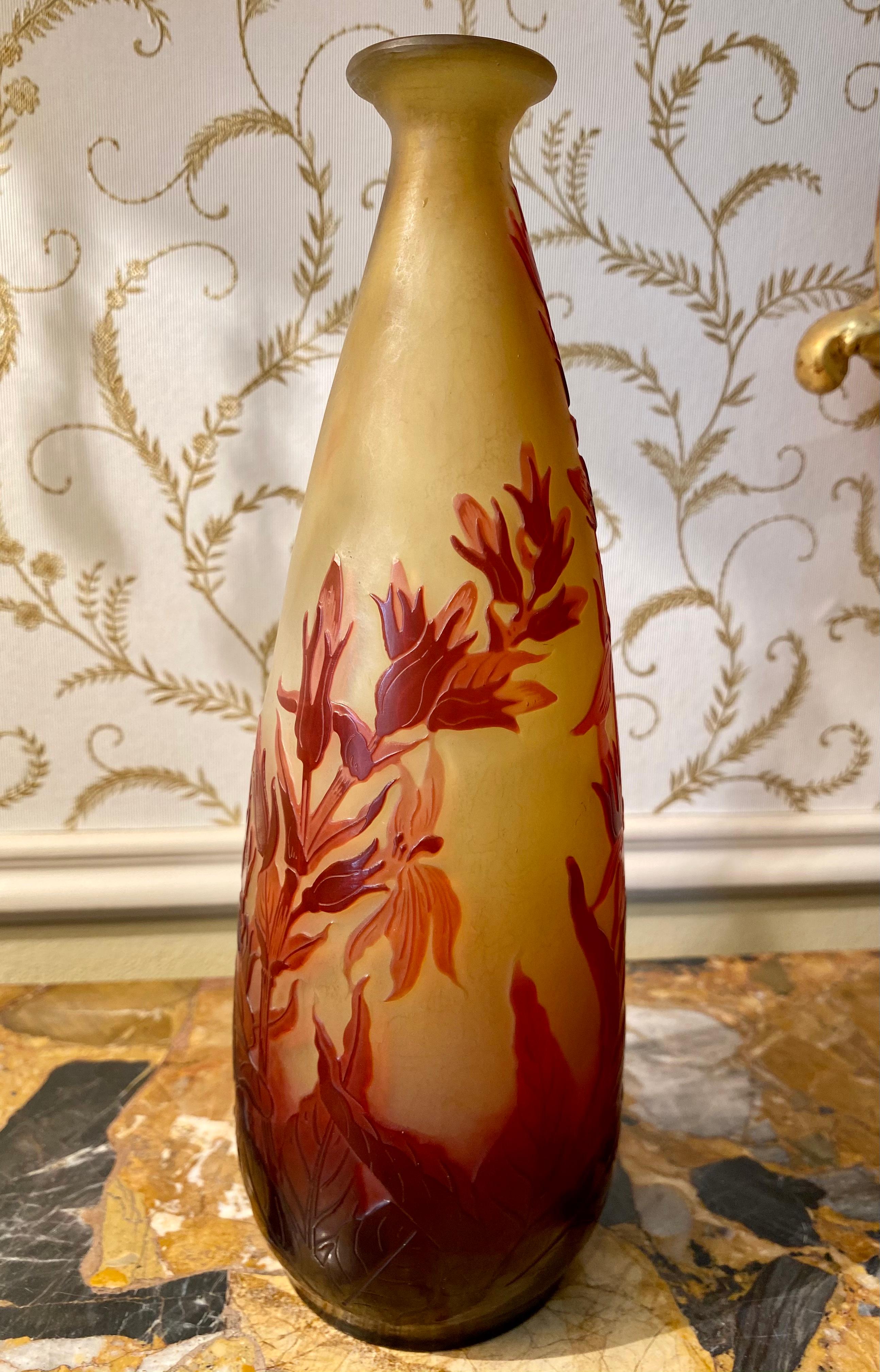 Emile Galle, Art Nouveau Style Elongated Piriform Vase with Irises 20th Century For Sale 2