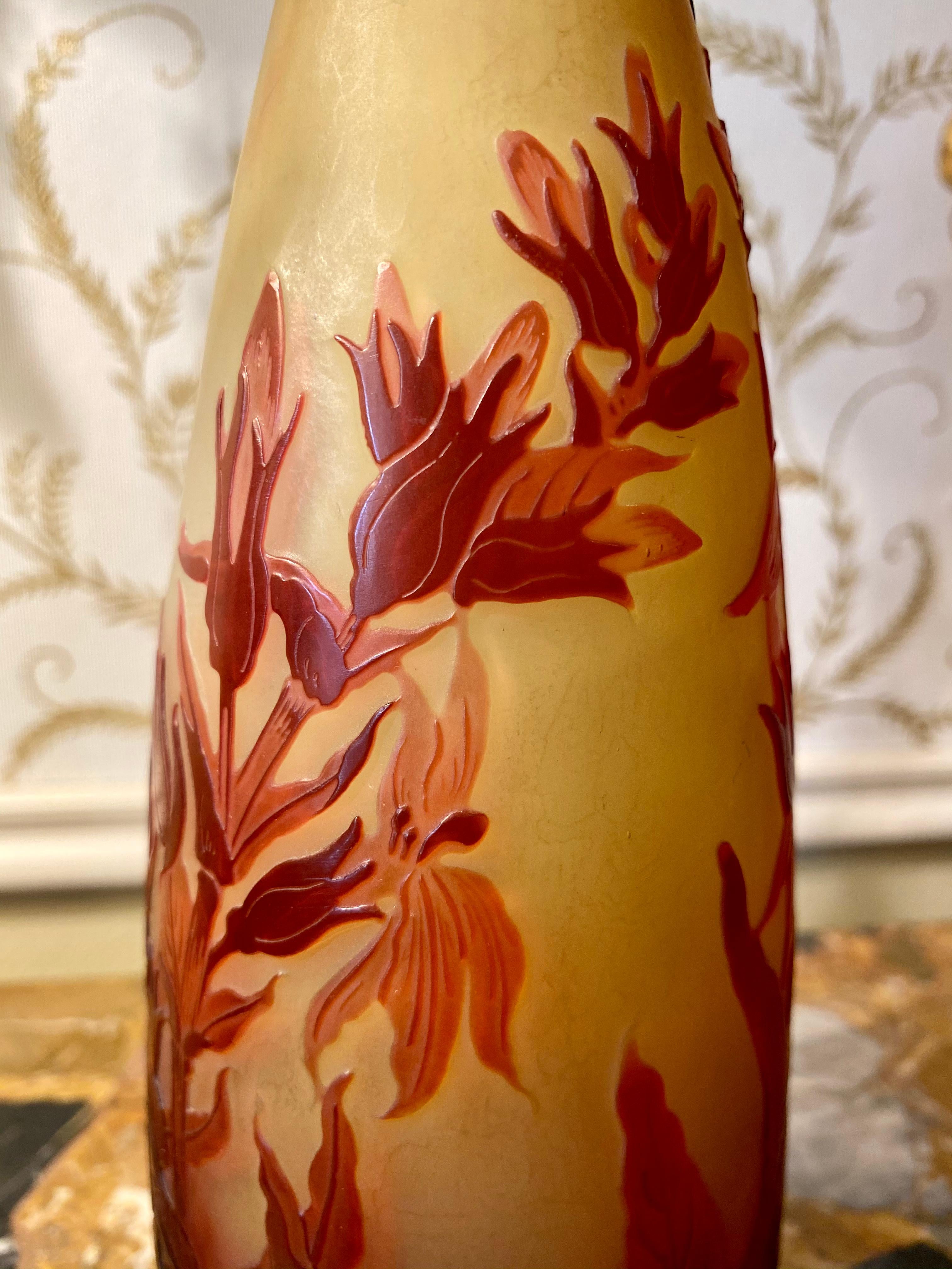 Emile Galle, Art Nouveau Style Elongated Piriform Vase with Irises 20th Century For Sale 3