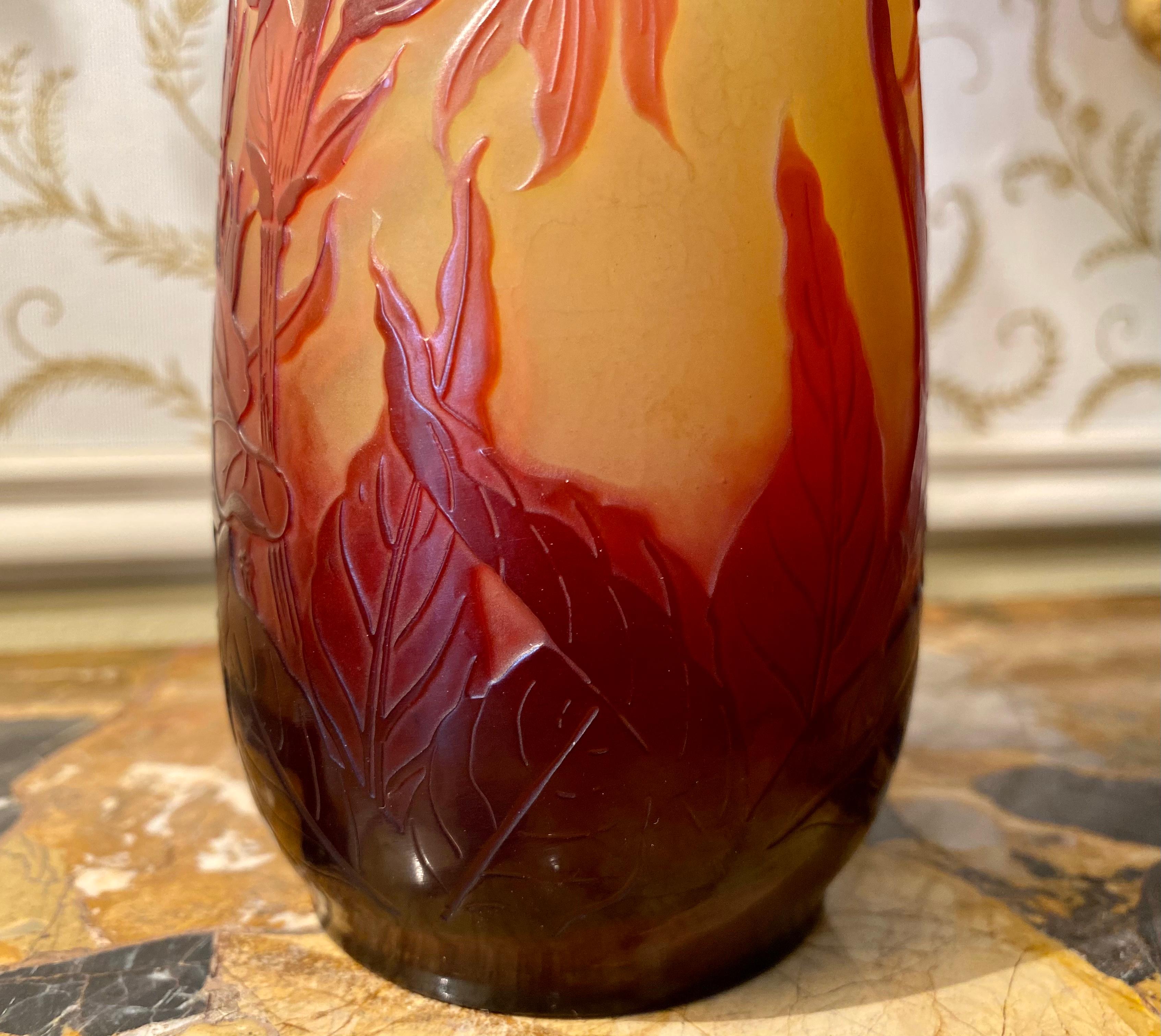Emile Galle, Art Nouveau Style Elongated Piriform Vase with Irises 20th Century For Sale 4