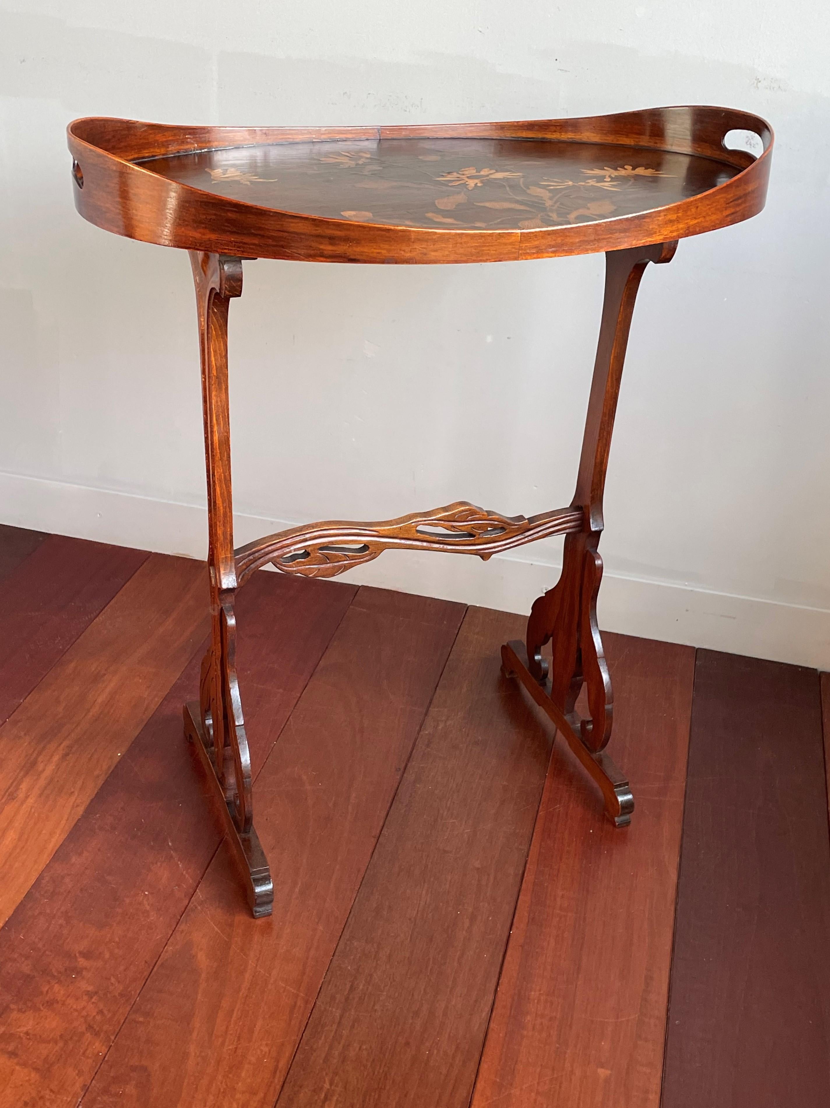 Patinated Emile Gallé Art Nouveau Tray Stand / Serving Table with Inlaid Flowers 1895-1903 For Sale
