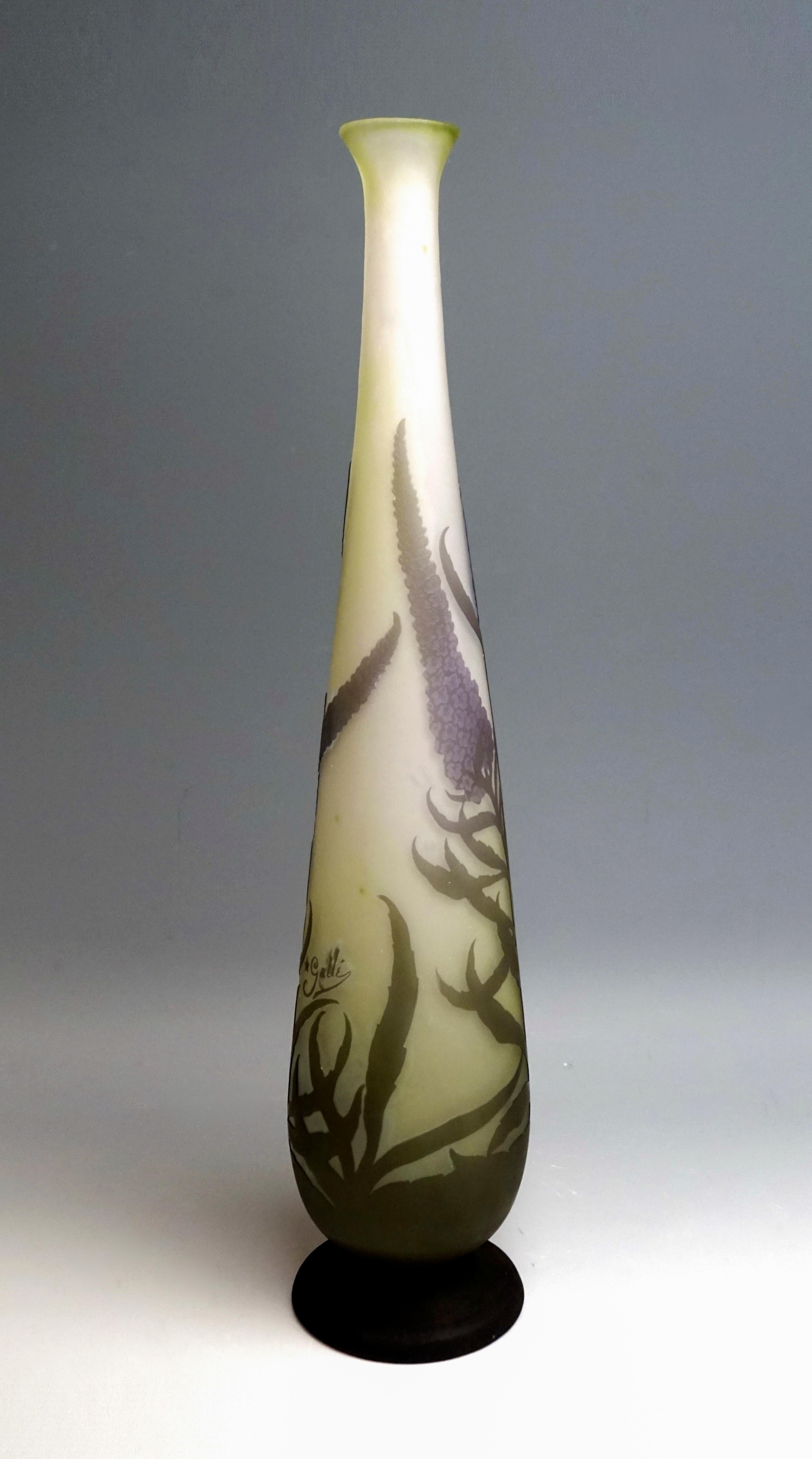 French Emile Gallé Art Nouveau Vase with Butterfly Lilac Decor, France, 1904-1906