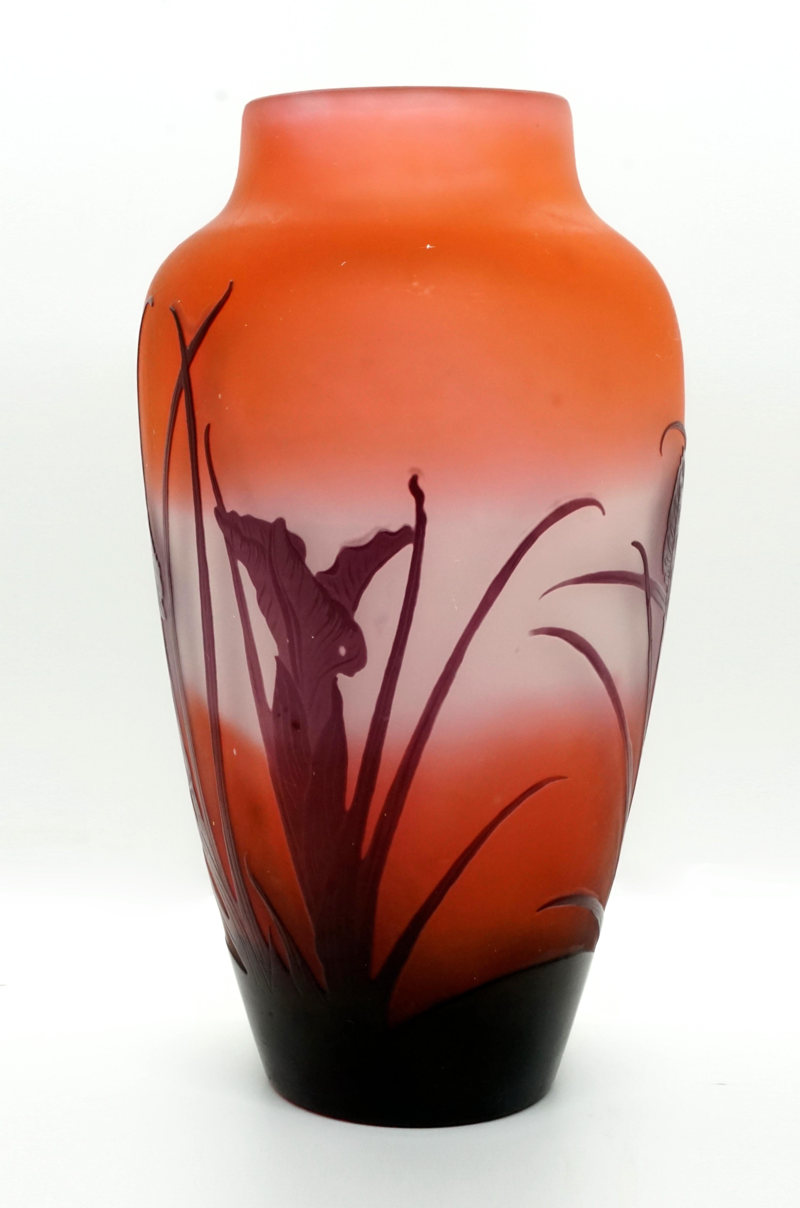 Etched Émile Gallé Art Nouveau Vase with Iris Decor, France, 1920-1925