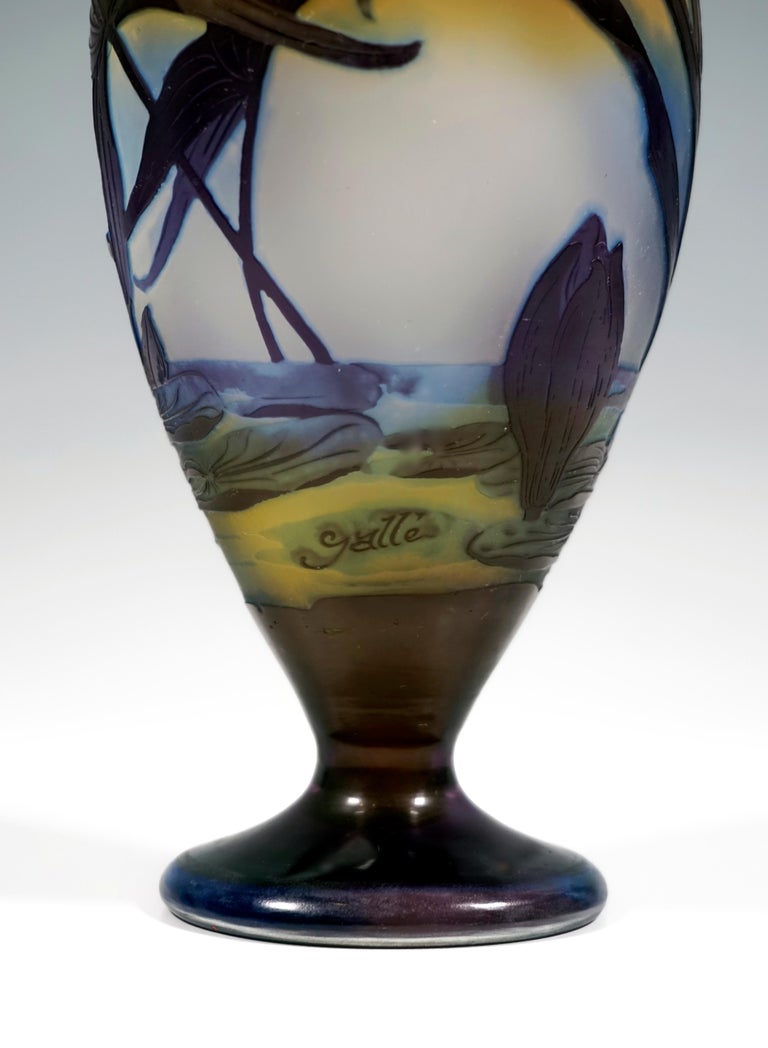 Glass Émile Gallé Art Nouveau Vase with Seascape and Flower Decor, France 1906/14