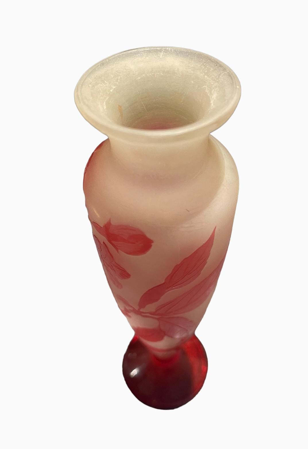 Lovely baluster vase in glass paste decorated with pink acid-etched fuchsias. This vase is in perfect condition.
