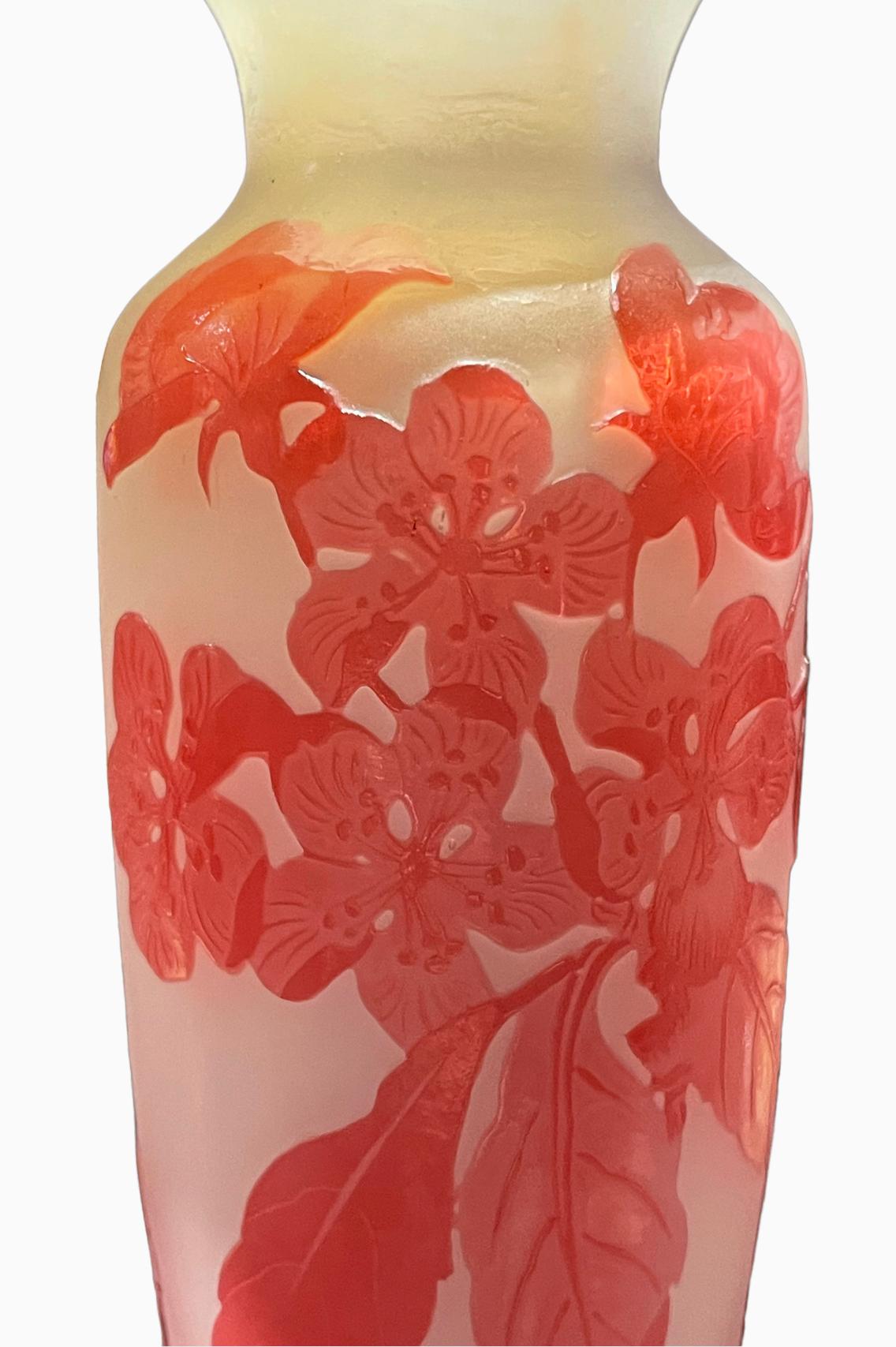 Glass Émile Galle, Baluster Vase with Fuchsia, XXth Century For Sale