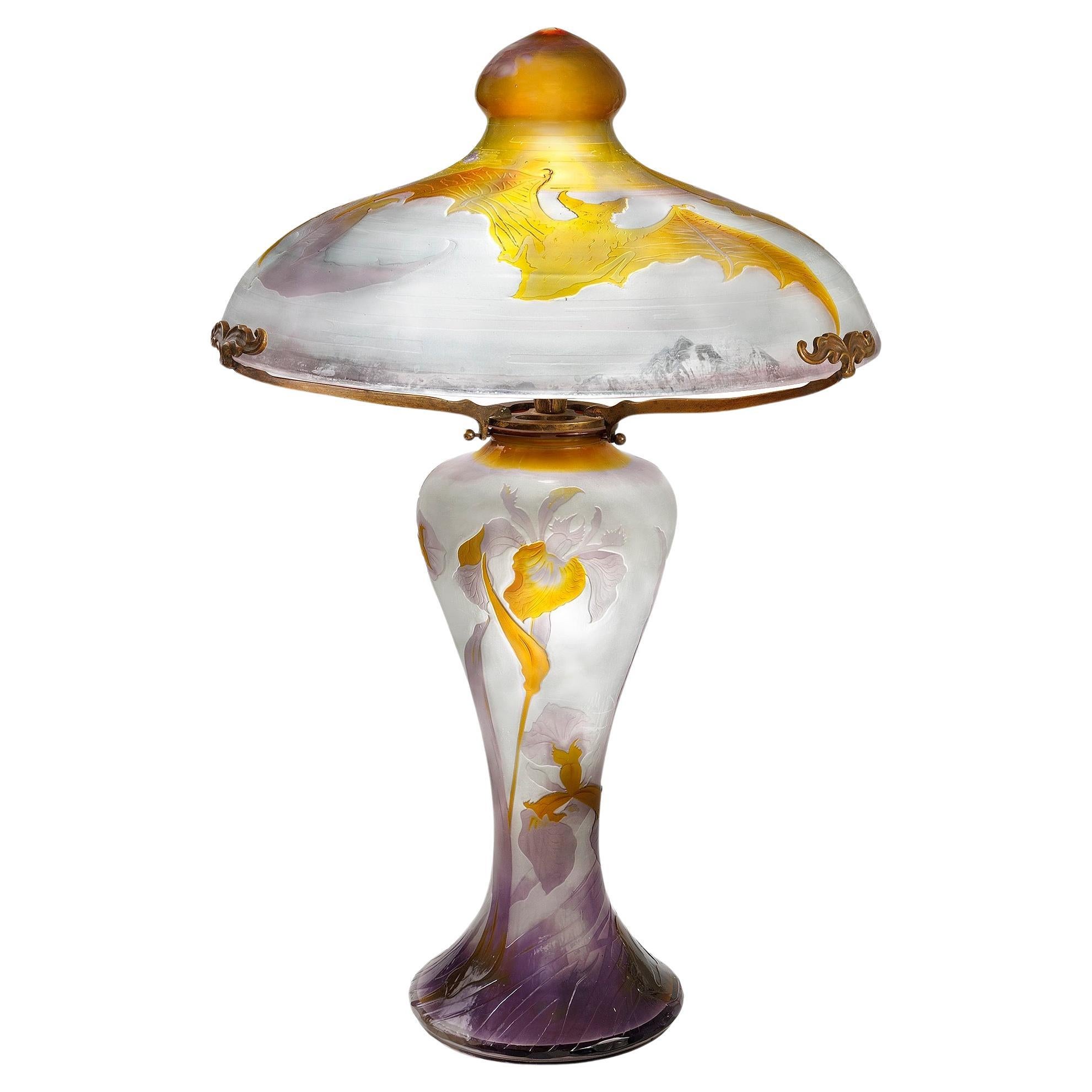 Émile Gallé “Bats and Iris” Table Lamp For Sale