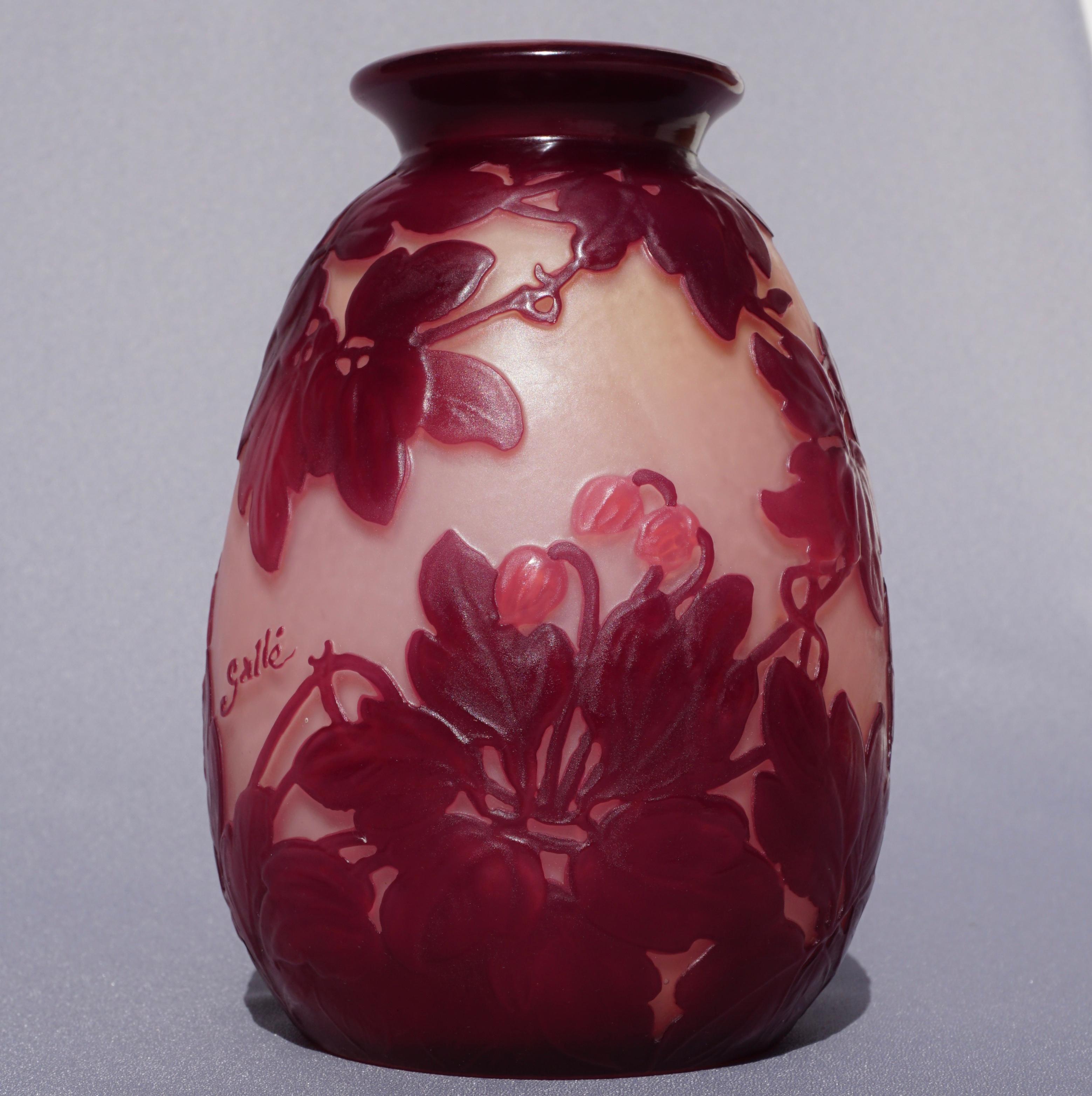 Art Nouveau Emile Galle Blownout Red and Pink Clematis Flower Vase