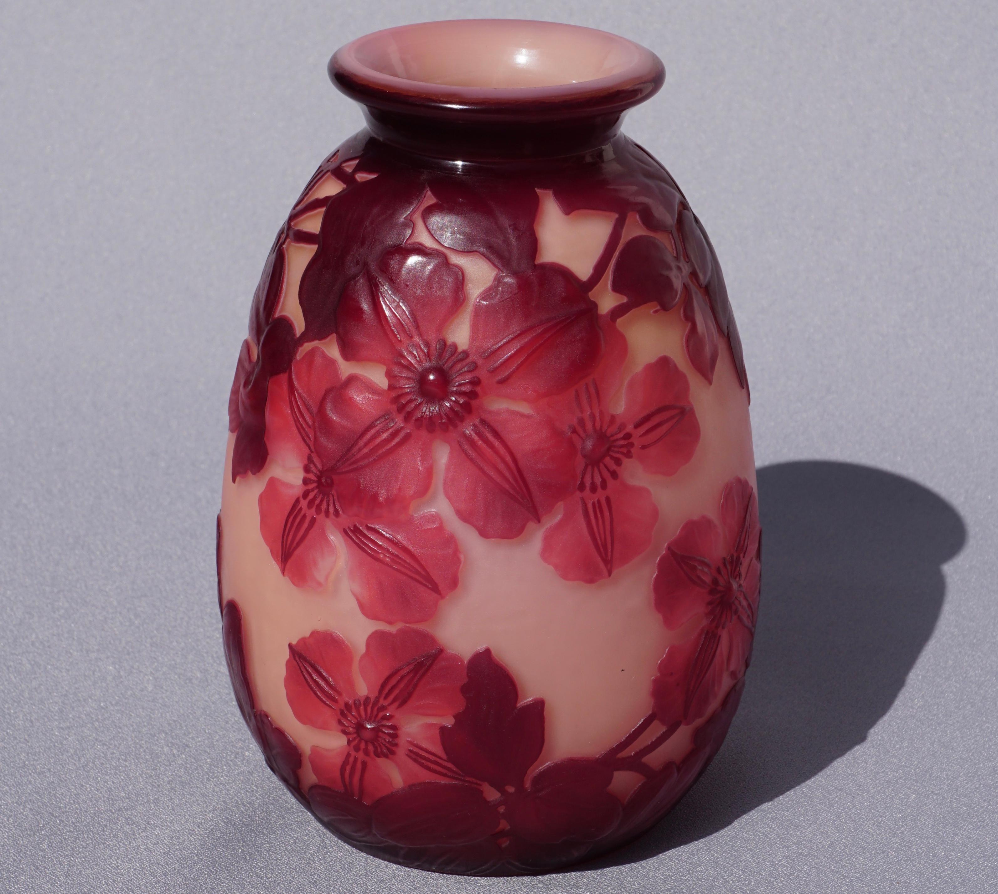 Fired Emile Galle Blownout Red and Pink Clematis Flower Vase