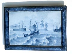 Emile Gallé Blue Faience 1880-1890 Marine Landscape Ceramic Tiles, Set of 2