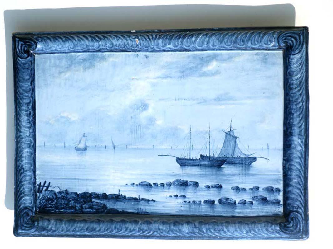 Late 19th Century Emile Gallé Blue Faience 1880-1890 Marine Landscape Ceramic Tiles, Set of 2 For Sale