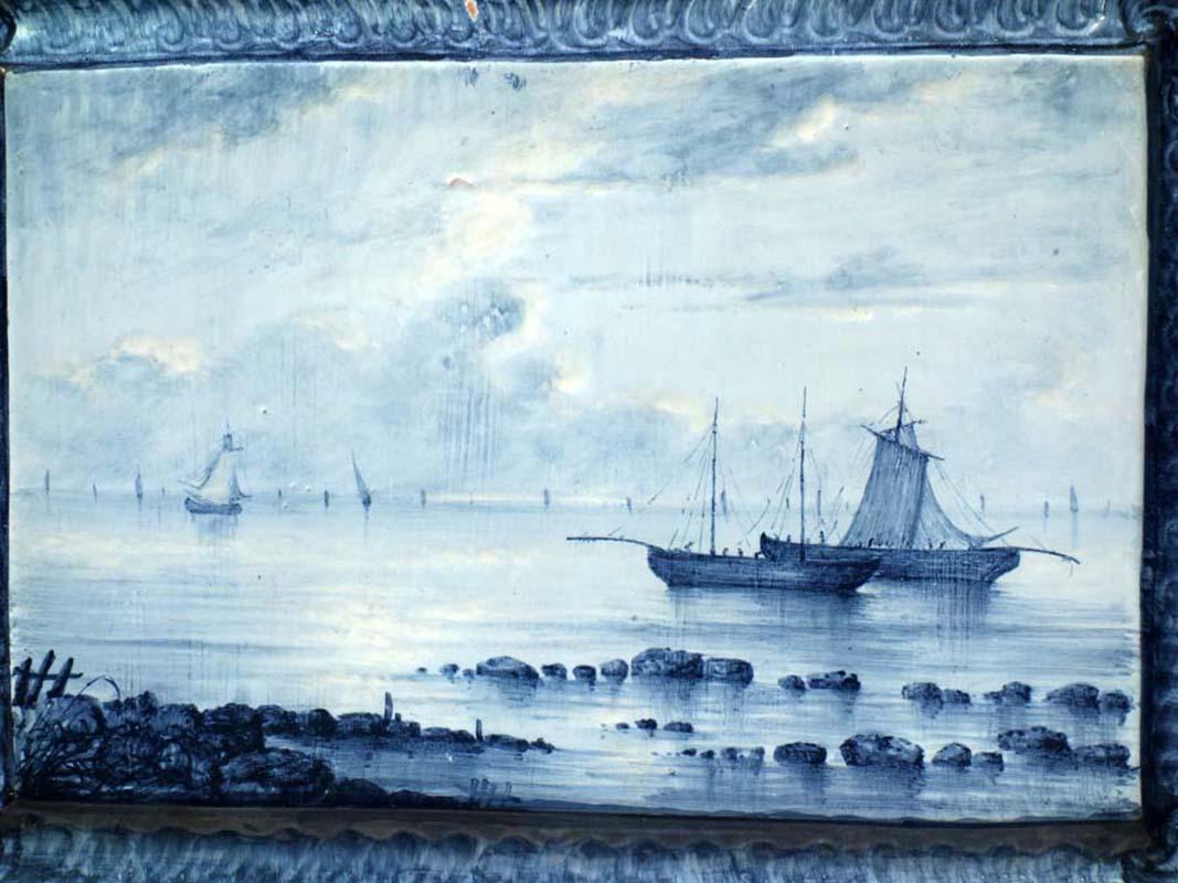 Emile Gallé Blue Faience 1880-1890 Marine Landscape Ceramic Tiles, Set of 2 For Sale 2
