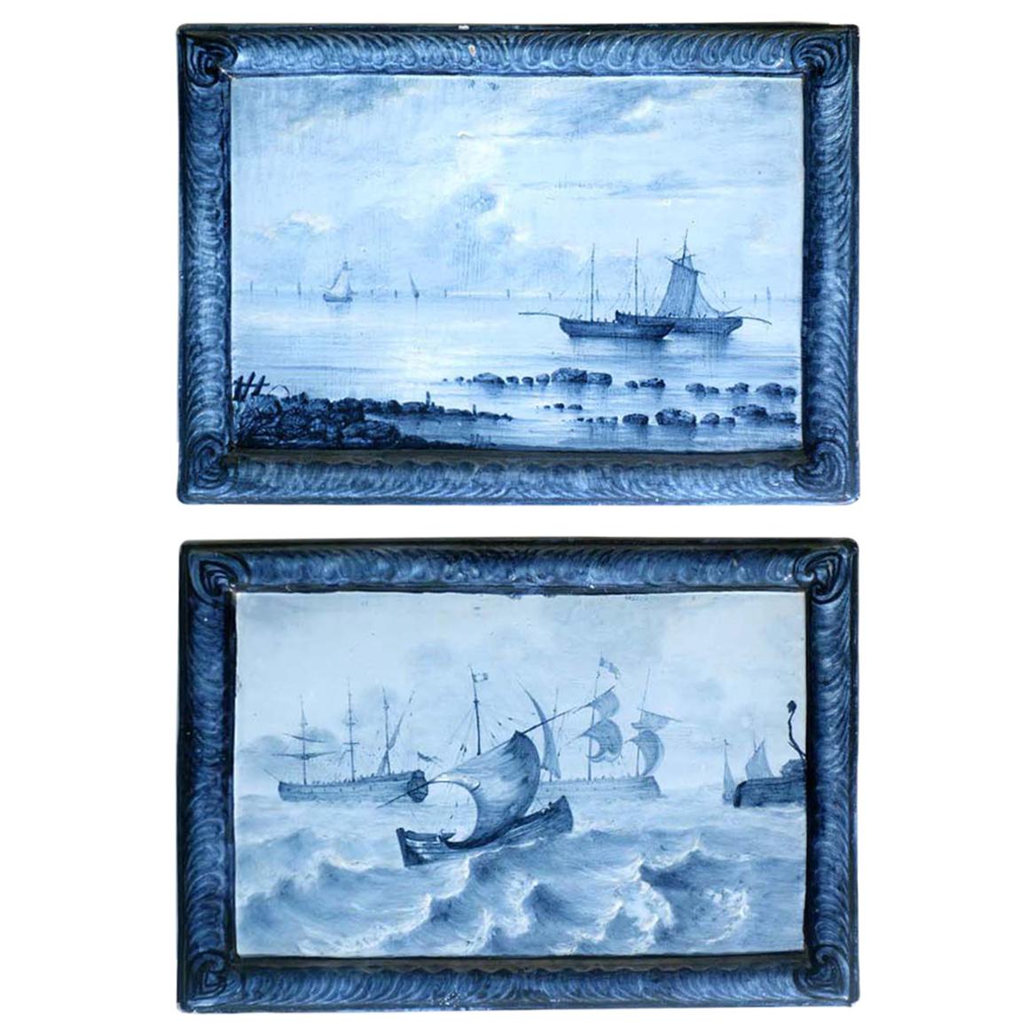 Emile Gallé Blue Faience 1880-1890 Marine Landscape Ceramic Tiles, Set of 2