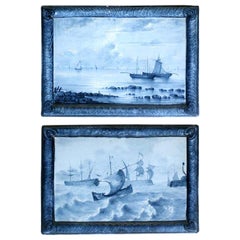 Emile Gallé Blue Faience 1880-1890 Marine Landscape Ceramic Tiles, Set of 2