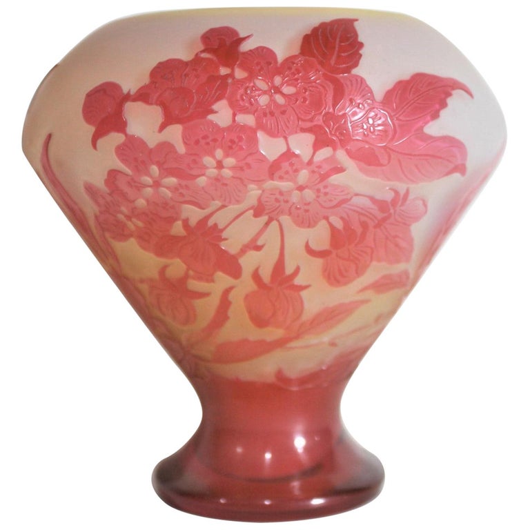 Emile Galle Cameo Art Glass Vase with Exotic Floral and Leaf