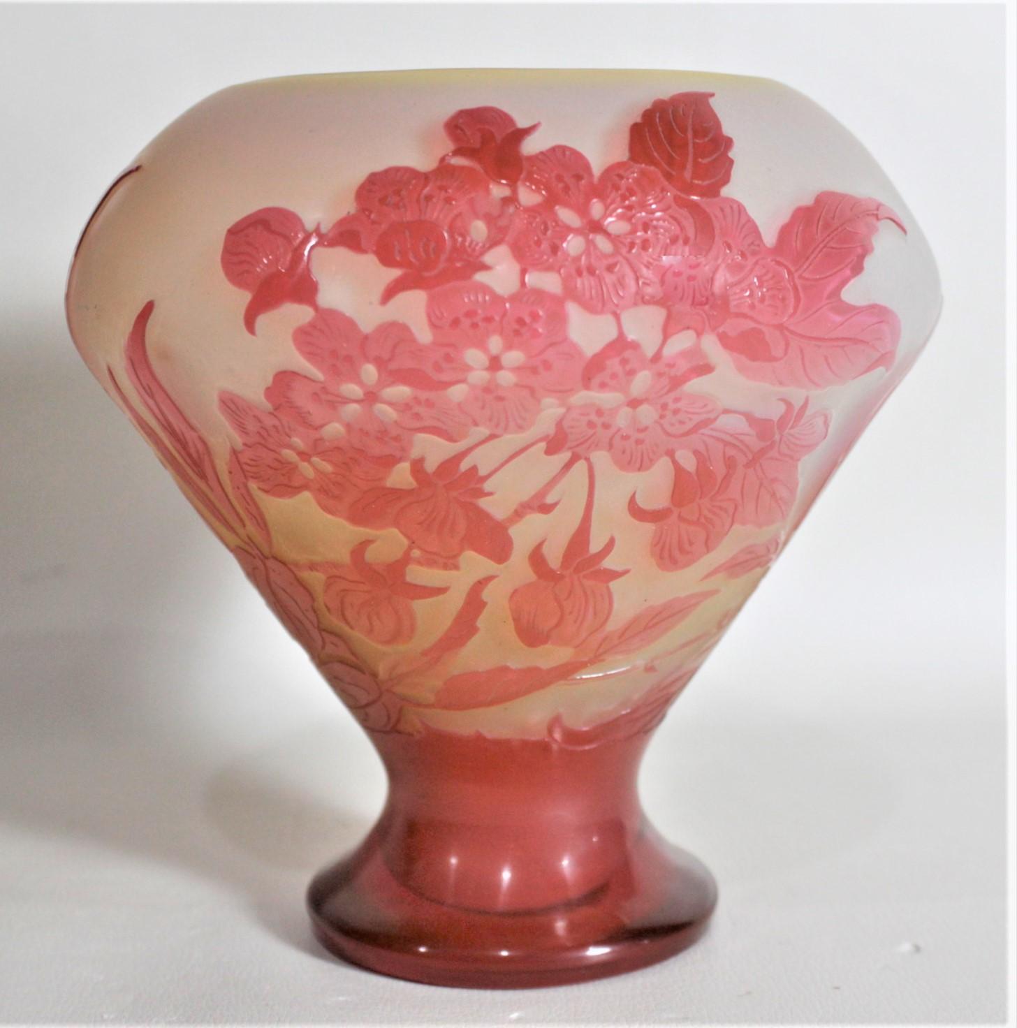 French Emile Galle Cameo Art Glass Cabinet Vase with Exotic Floral and Leaf Decoration