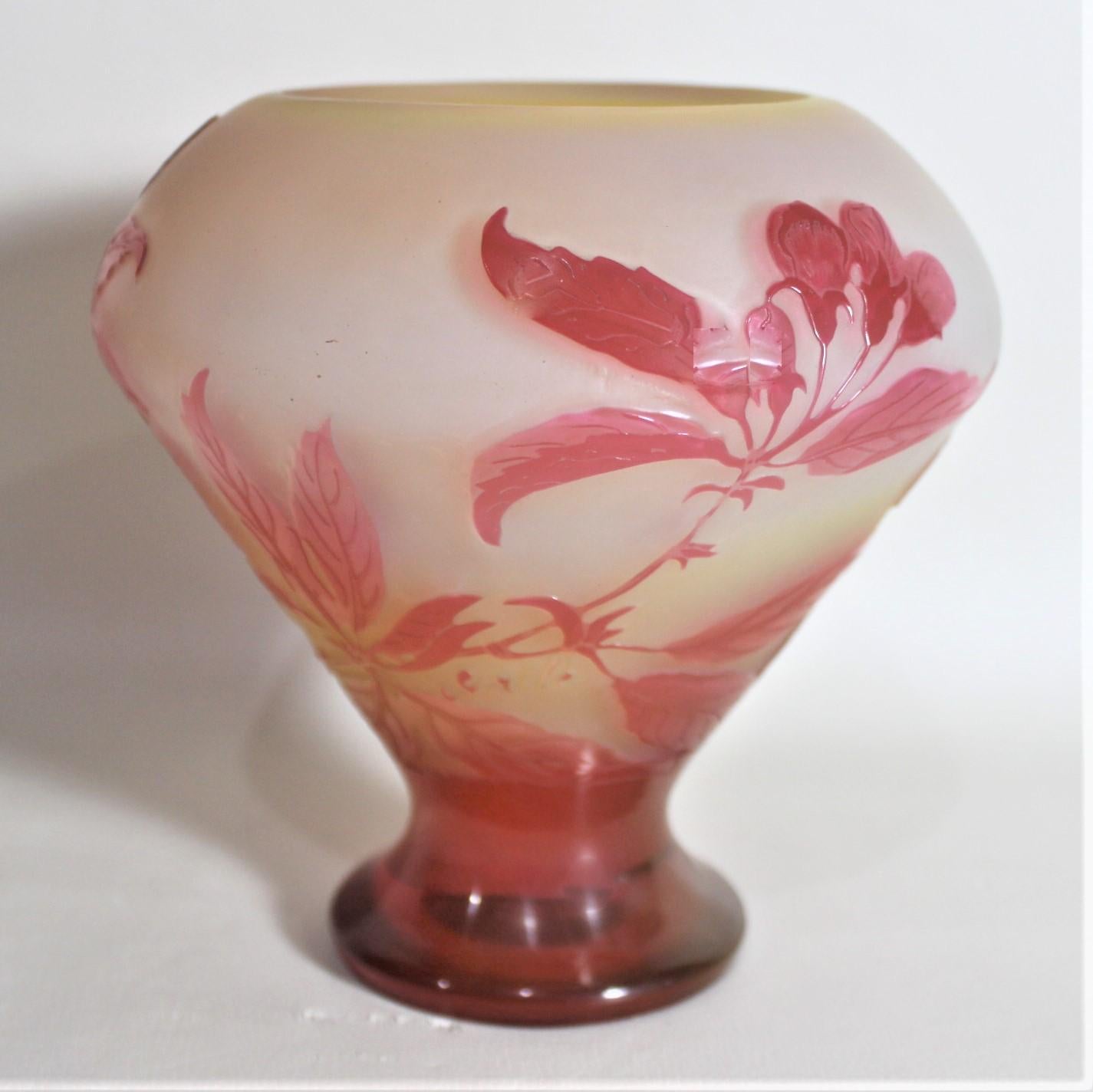Emile Galle Cameo Art Glass Cabinet Vase with Exotic Floral and Leaf Decoration In Good Condition In Hamilton, Ontario