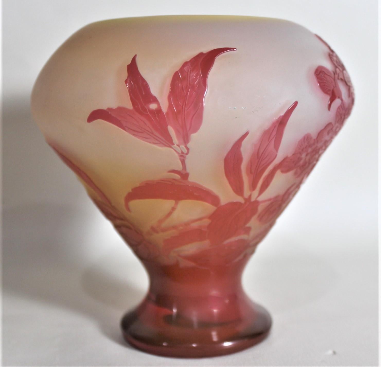 20th Century Emile Galle Cameo Art Glass Cabinet Vase with Exotic Floral and Leaf Decoration