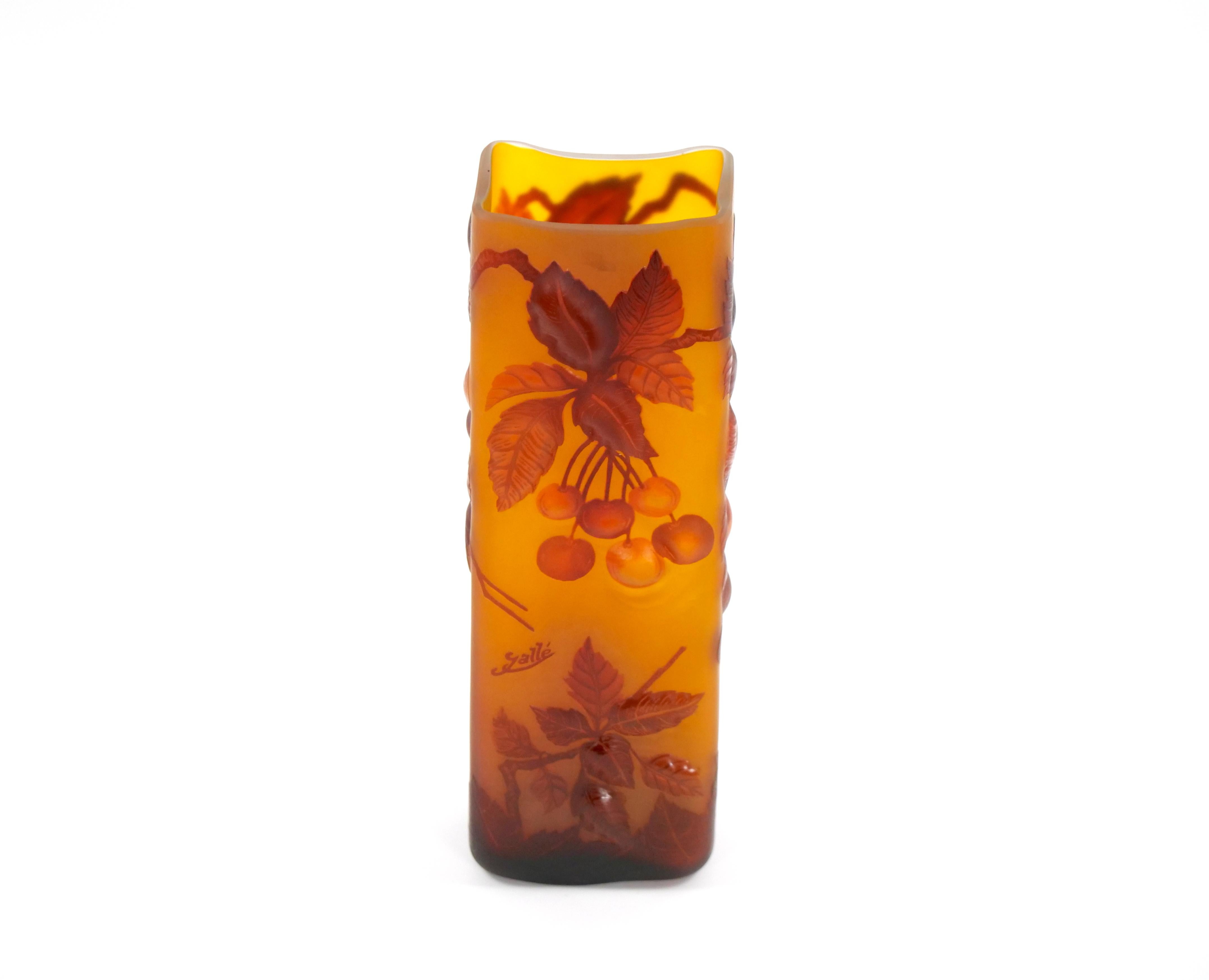 French Emile Galle Cameo Glass Art Nouveau Rectangular Vase For Sale