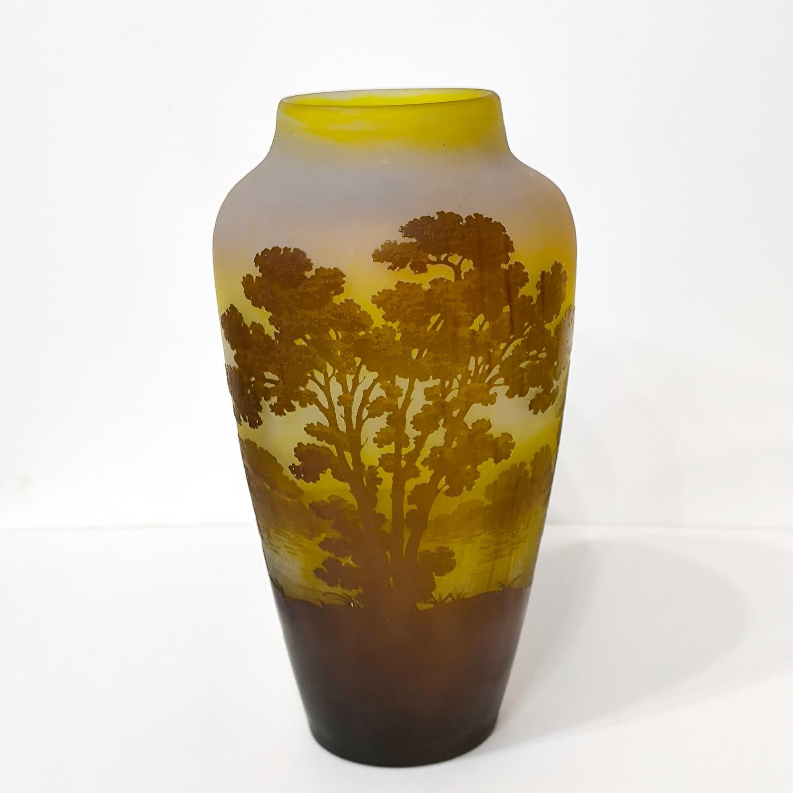 Vetro artistico Vaso di Emile Galle con cammeo in vetro con paesaggio del lago forestale, Francia, 1904 circa in vendita