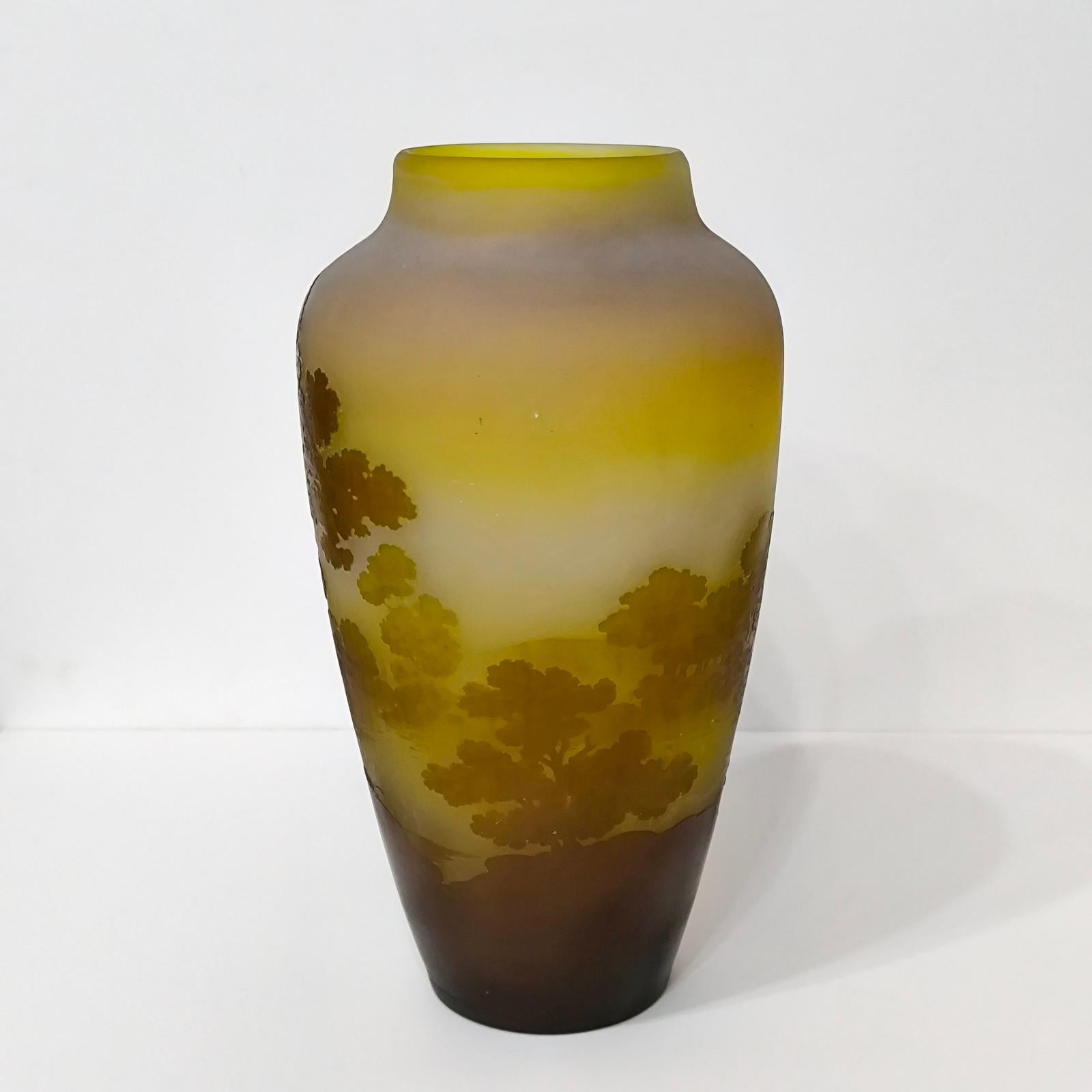 Francese Vaso di Emile Galle con cammeo in vetro con paesaggio del lago forestale, Francia, 1904 circa in vendita