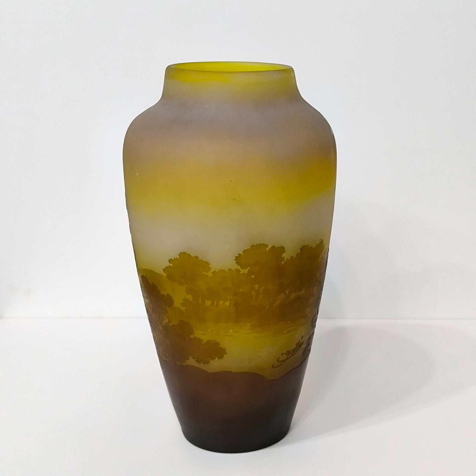 Realizzato con acquaforte Vaso di Emile Galle con cammeo in vetro con paesaggio del lago forestale, Francia, 1904 circa in vendita