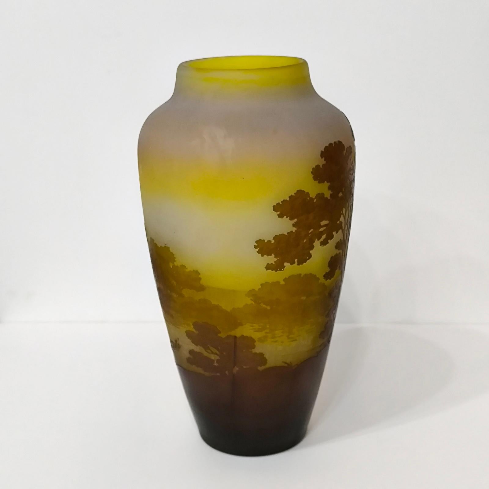 Inizio XX secolo Vaso di Emile Galle con cammeo in vetro con paesaggio del lago forestale, Francia, 1904 circa in vendita