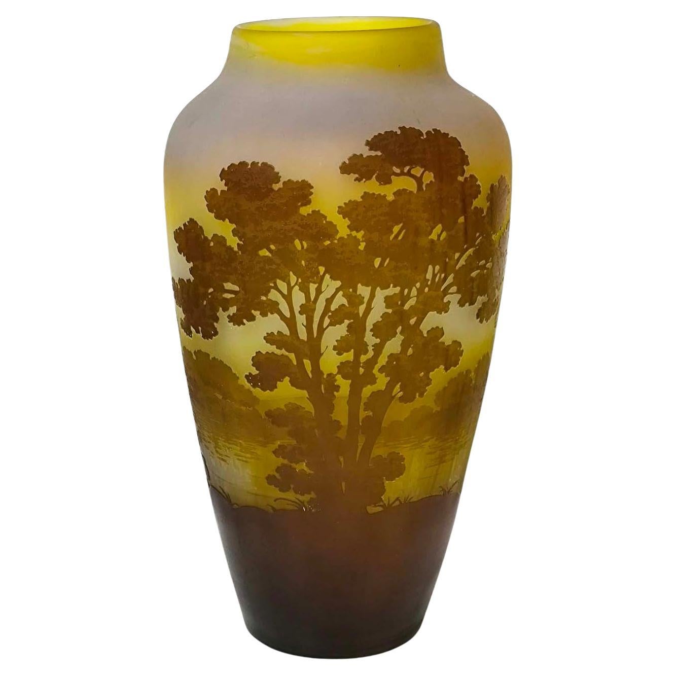 Emile Galle Cameo Glass Forest Lake Landscape Vase, France circa 1904