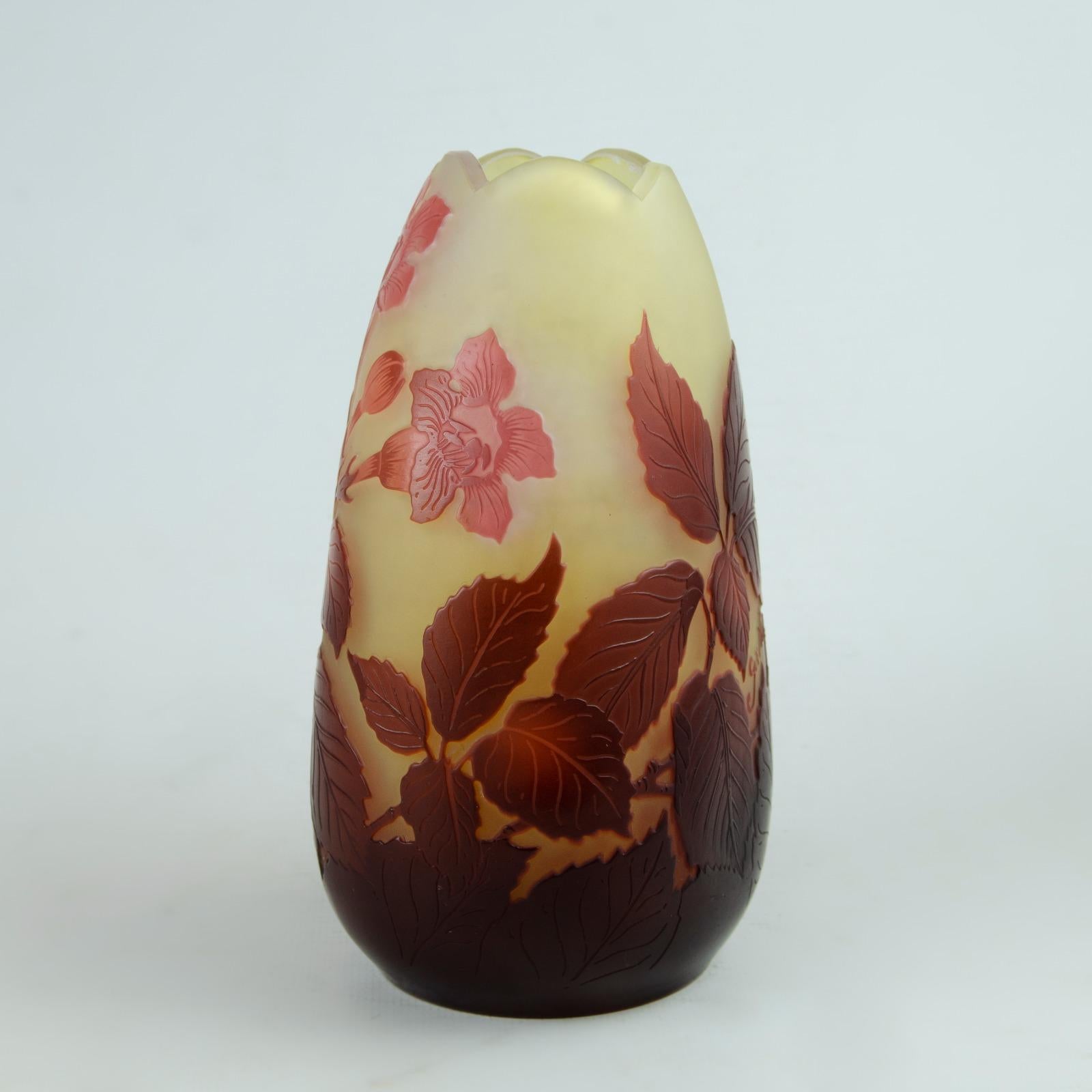 Engraved Emile Galle Cameo Glass Vase 1900 For Sale