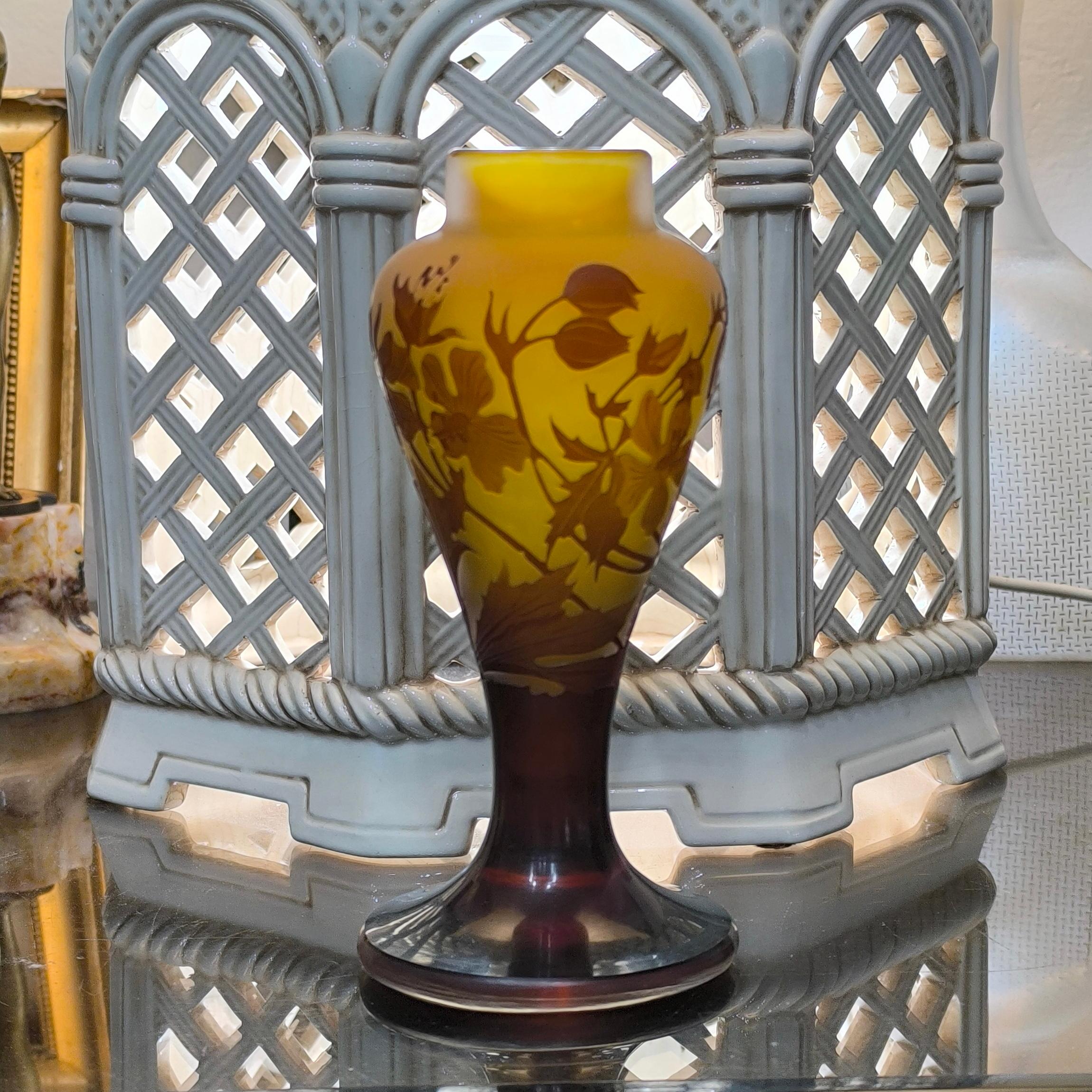 Emile Gallé Cameo glass vase, richly decorated with branches with flowers, blooms, and leaves of Clematis.
Shaped as a small baluster, this beautiful vase is made of multilayered glass, acid-etched and wheel-carved finish.
Signed.
Height 16 cm