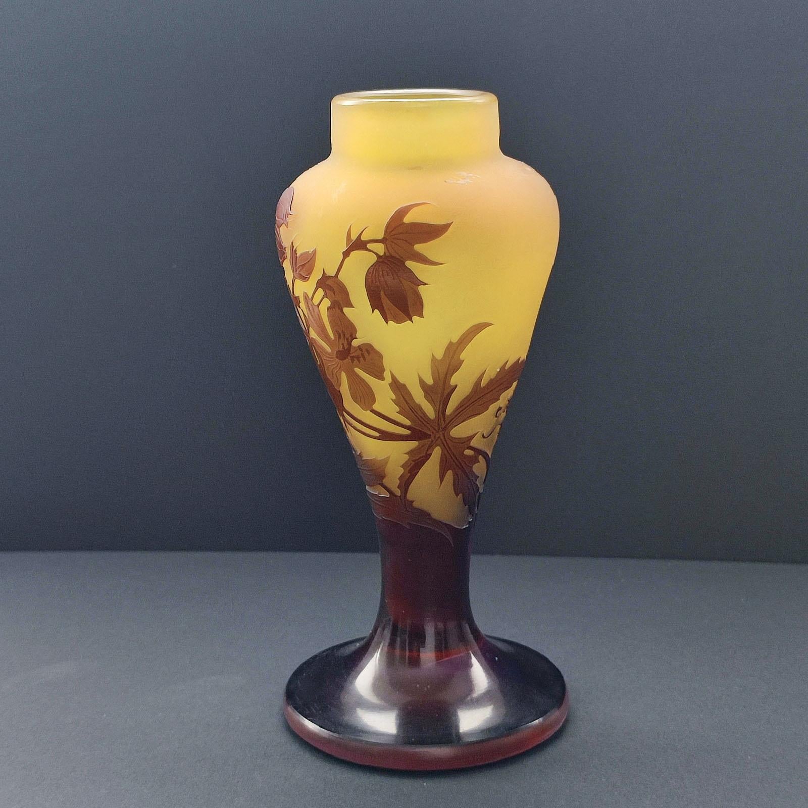 Etched Emile Galle Cameo Glass Vase Clematis For Sale