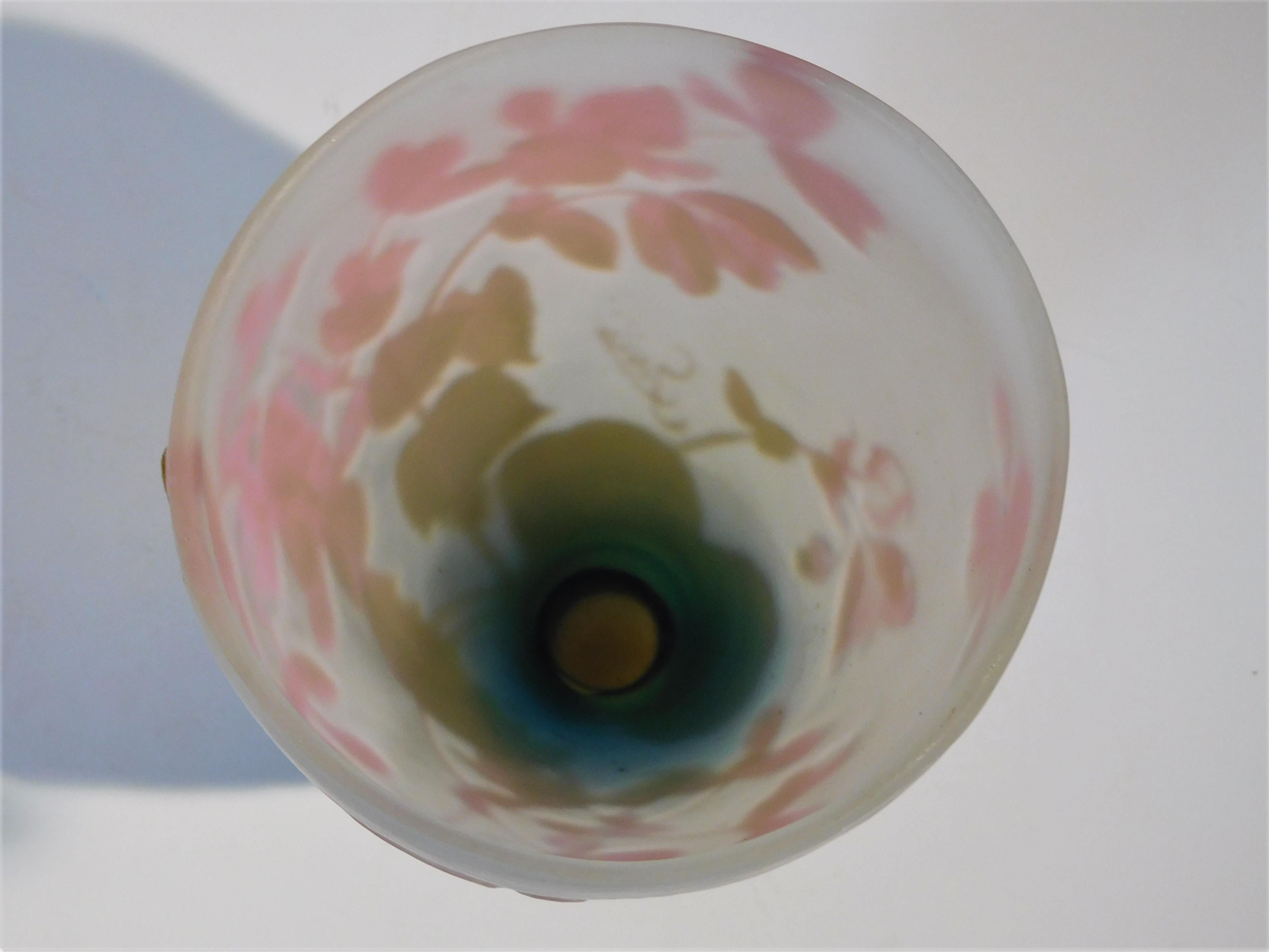 Emile Galle Cameo Glass Vase in Olive Green, Pink, Blue and Frost, circa 1897 For Sale 4