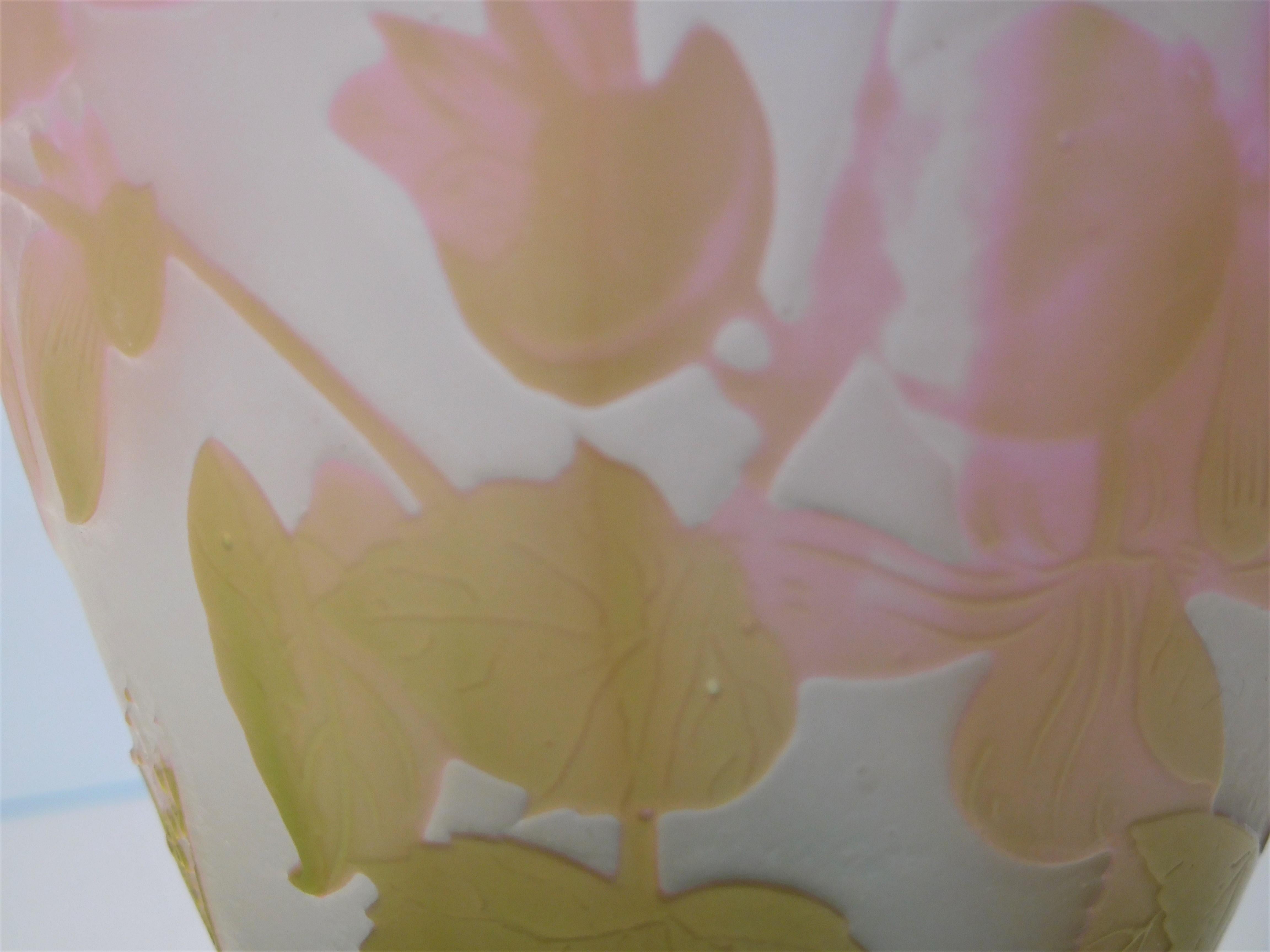 Emile Galle Cameo Glass Vase in Olive Green, Pink, Blue and Frost, circa 1897 For Sale 13