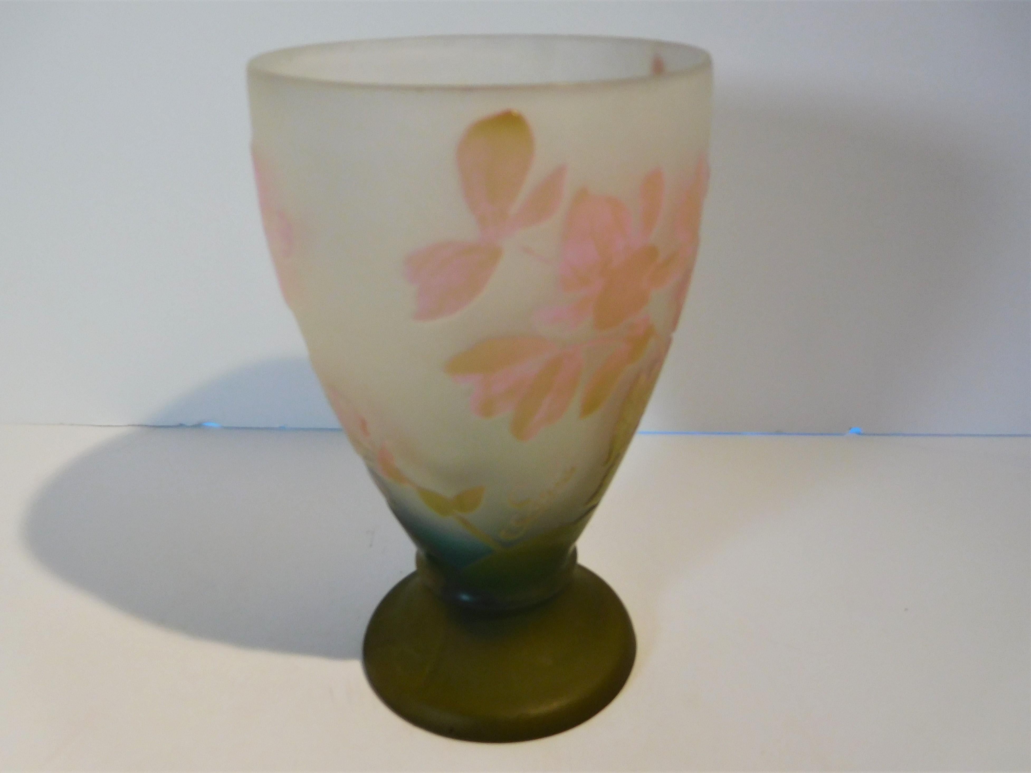 Art Nouveau Emile Galle Cameo Glass Vase in Olive Green, Pink, Blue and Frost, circa 1897 For Sale