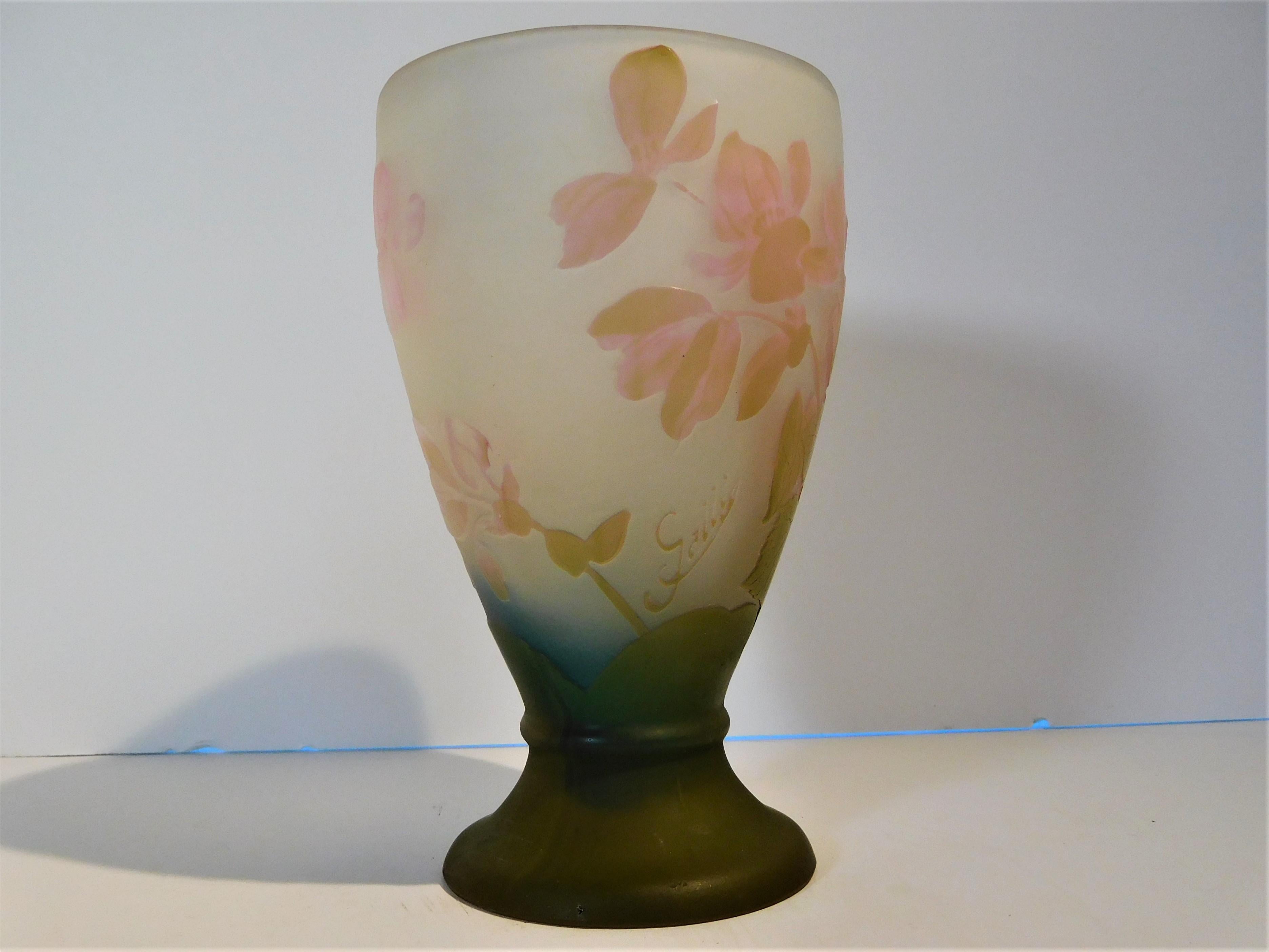 French Emile Galle Cameo Glass Vase in Olive Green, Pink, Blue and Frost, circa 1897 For Sale