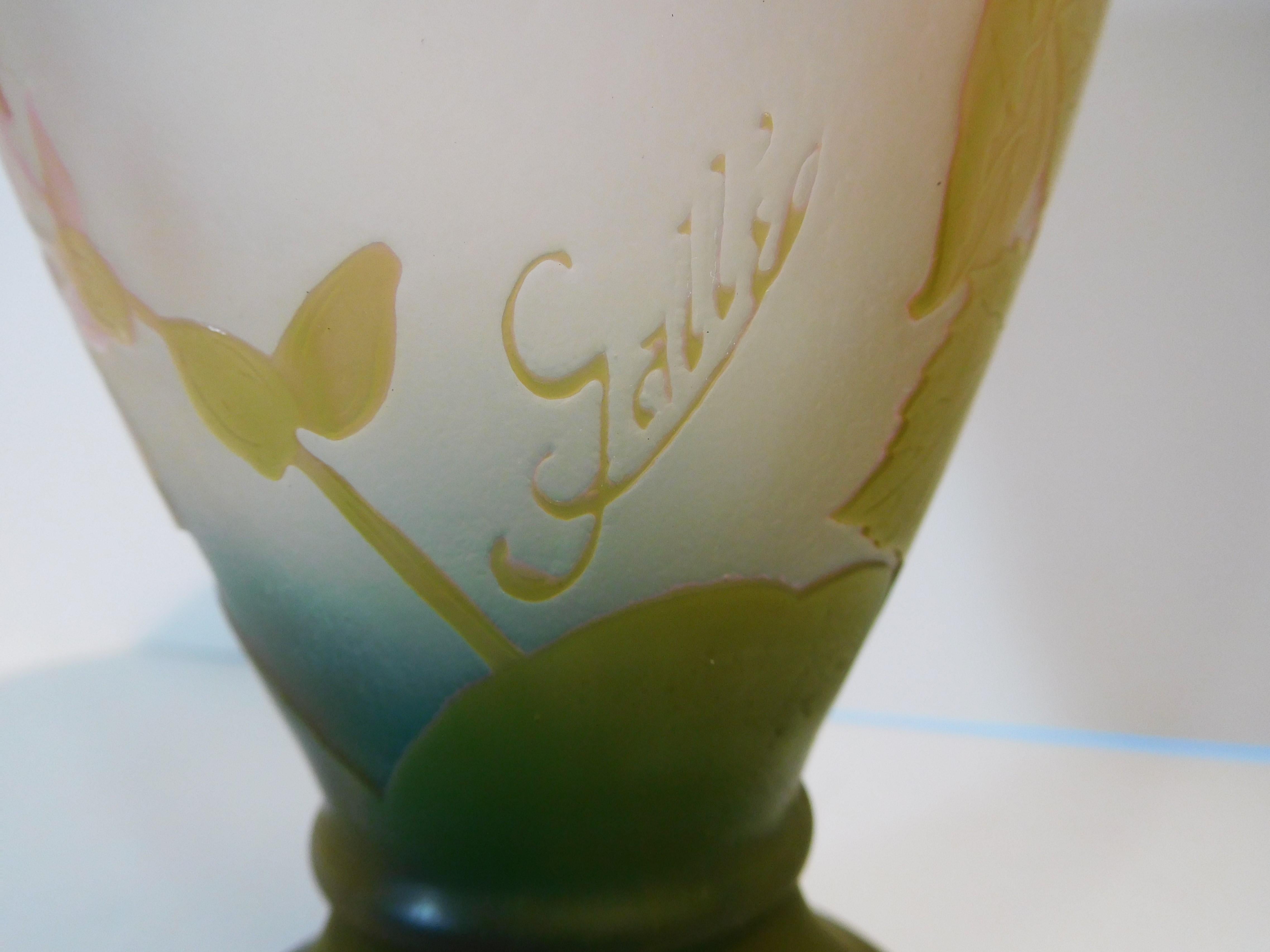 Etched Emile Galle Cameo Glass Vase in Olive Green, Pink, Blue and Frost, circa 1897 For Sale