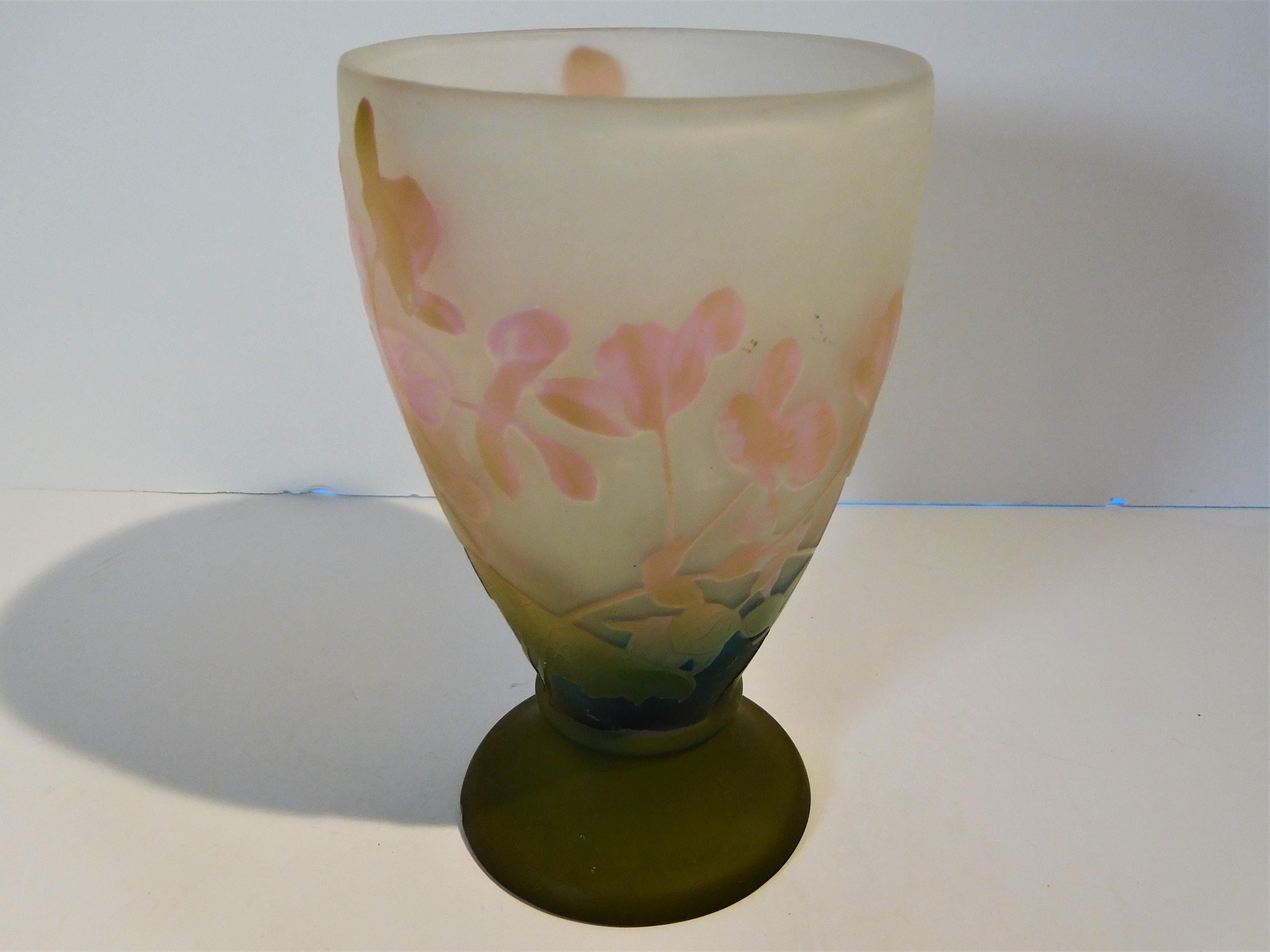 Late 19th Century Emile Galle Cameo Glass Vase in Olive Green, Pink, Blue and Frost, circa 1897 For Sale
