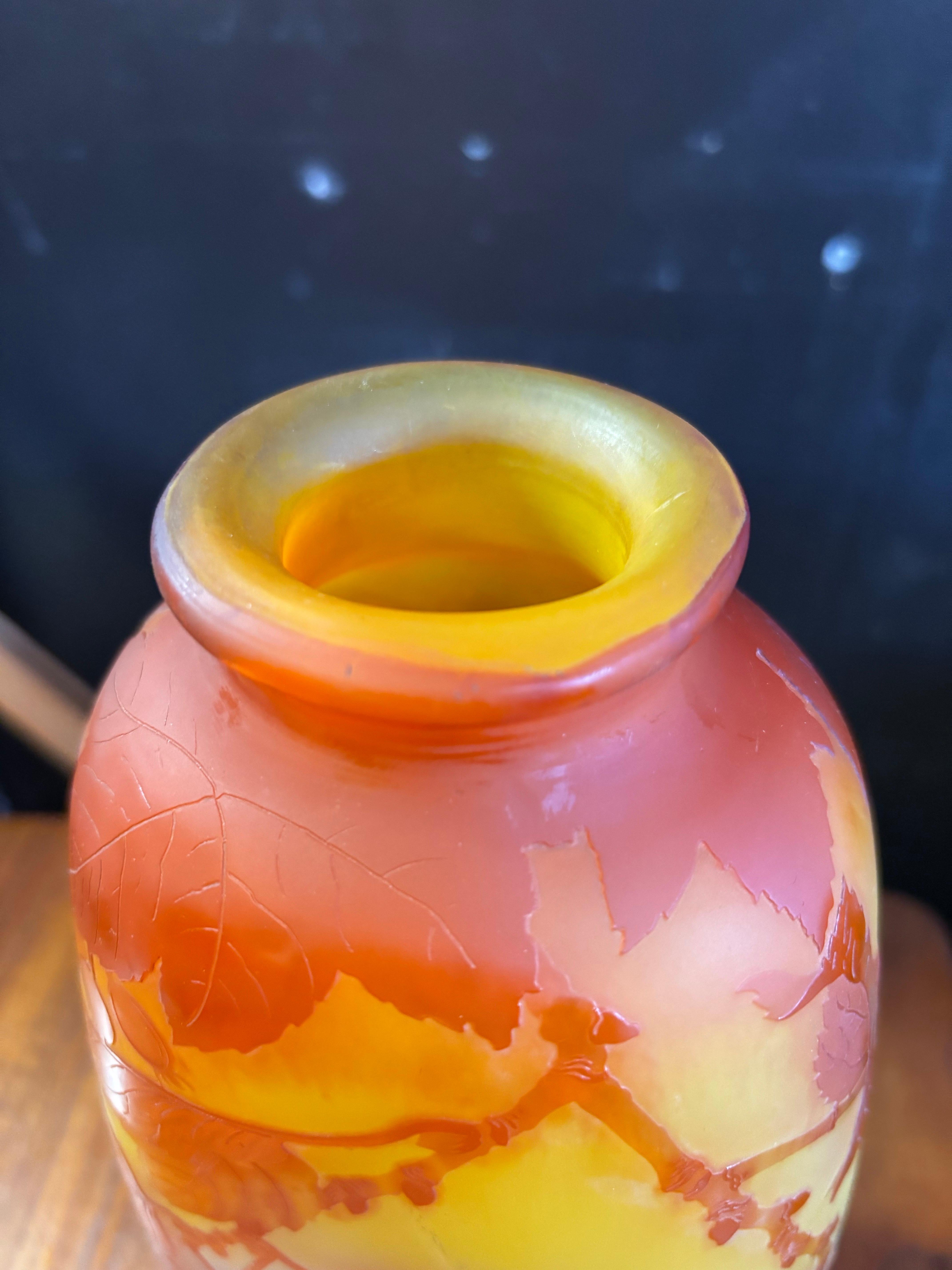 Vase en verre camée gravé à l'acide par Emile Galle.  La technique consiste à superposer plusieurs couches de verre coloré, les motifs étant créés par gravure.  Son travail a acquis une reconnaissance importante à partir de l'Exposition de Paris de