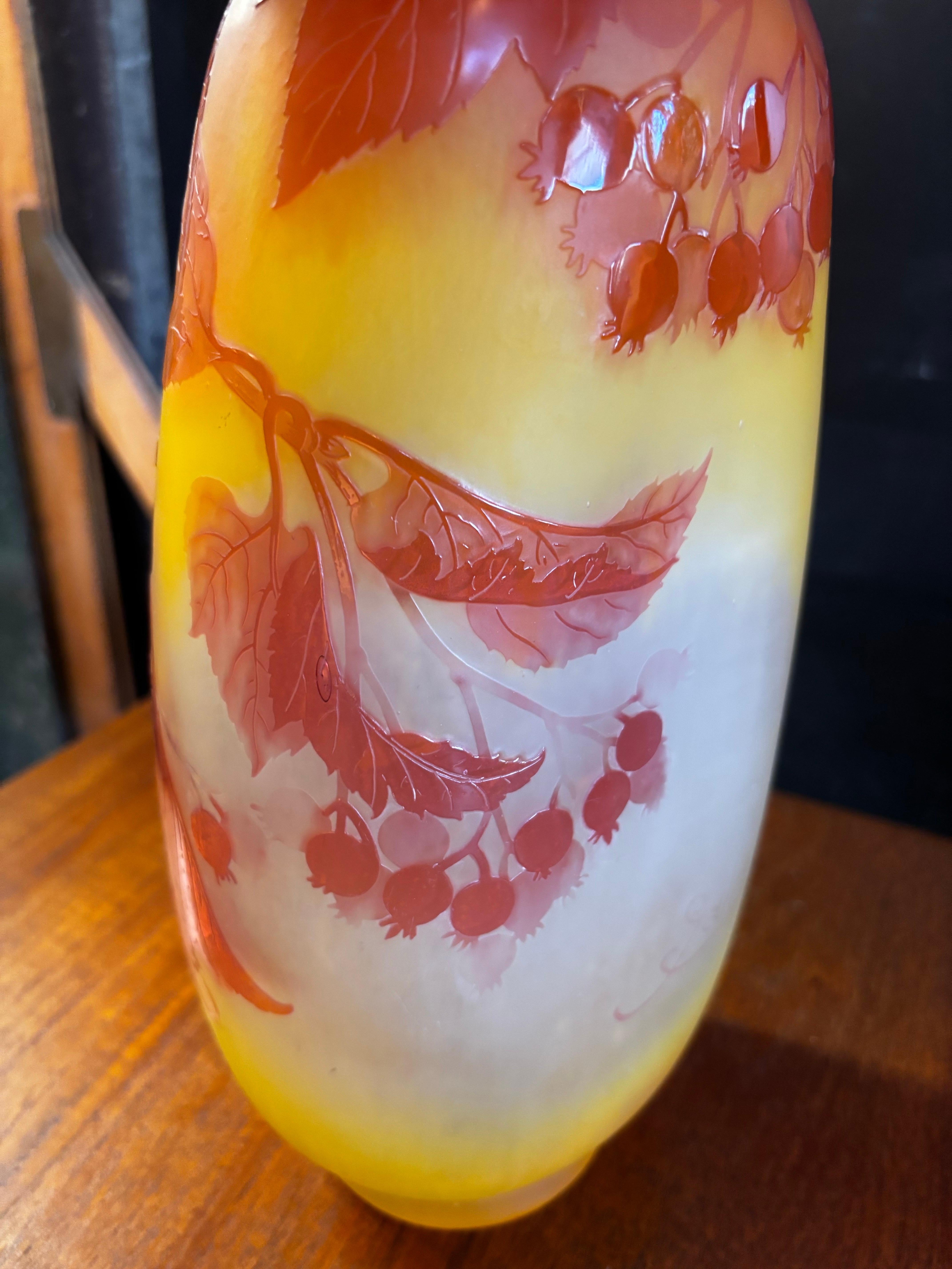Français Emile Galle Vase en verre camée avec motif de baies rouges en vente