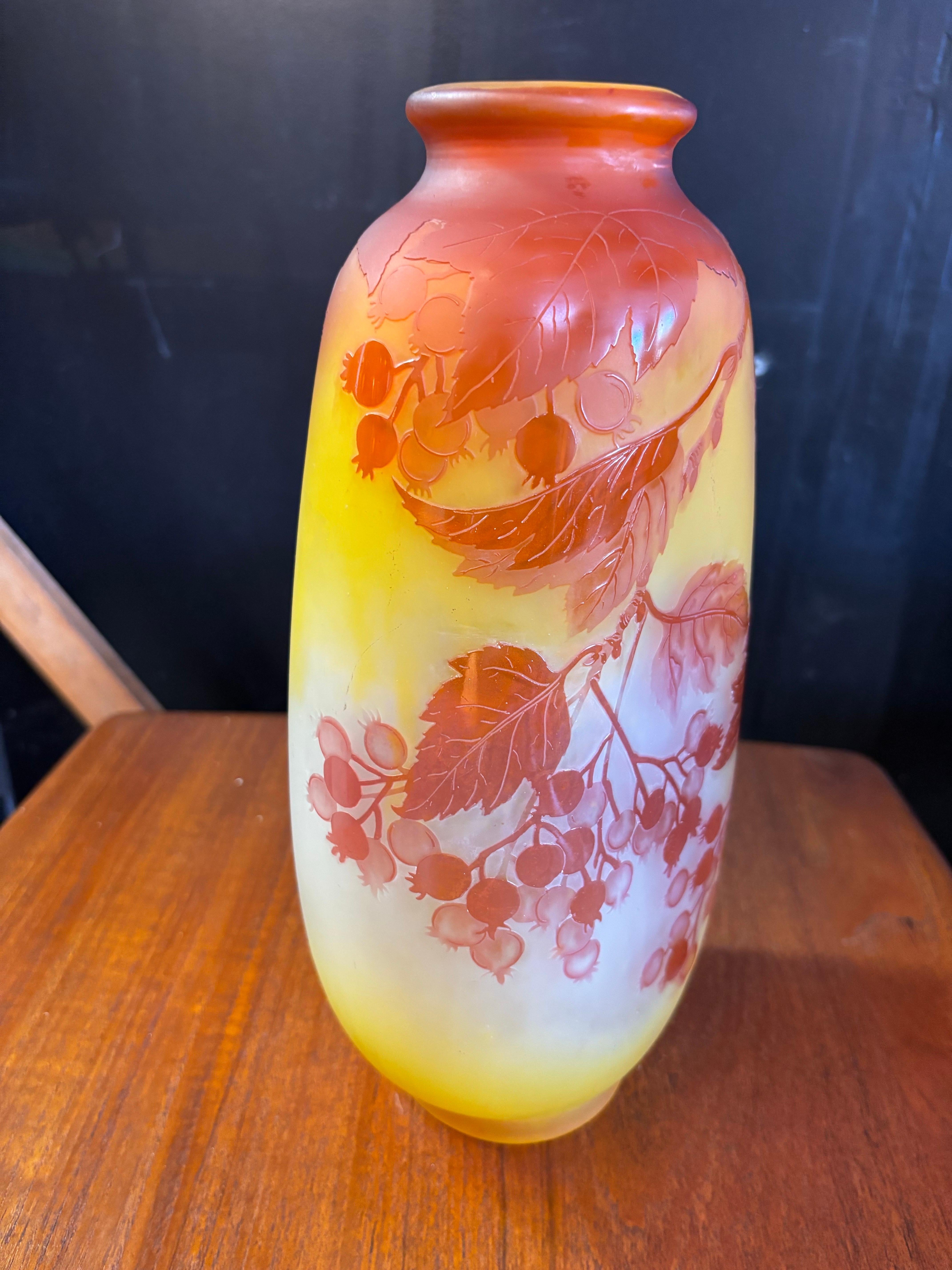 Verre d'art Emile Galle Vase en verre camée avec motif de baies rouges en vente