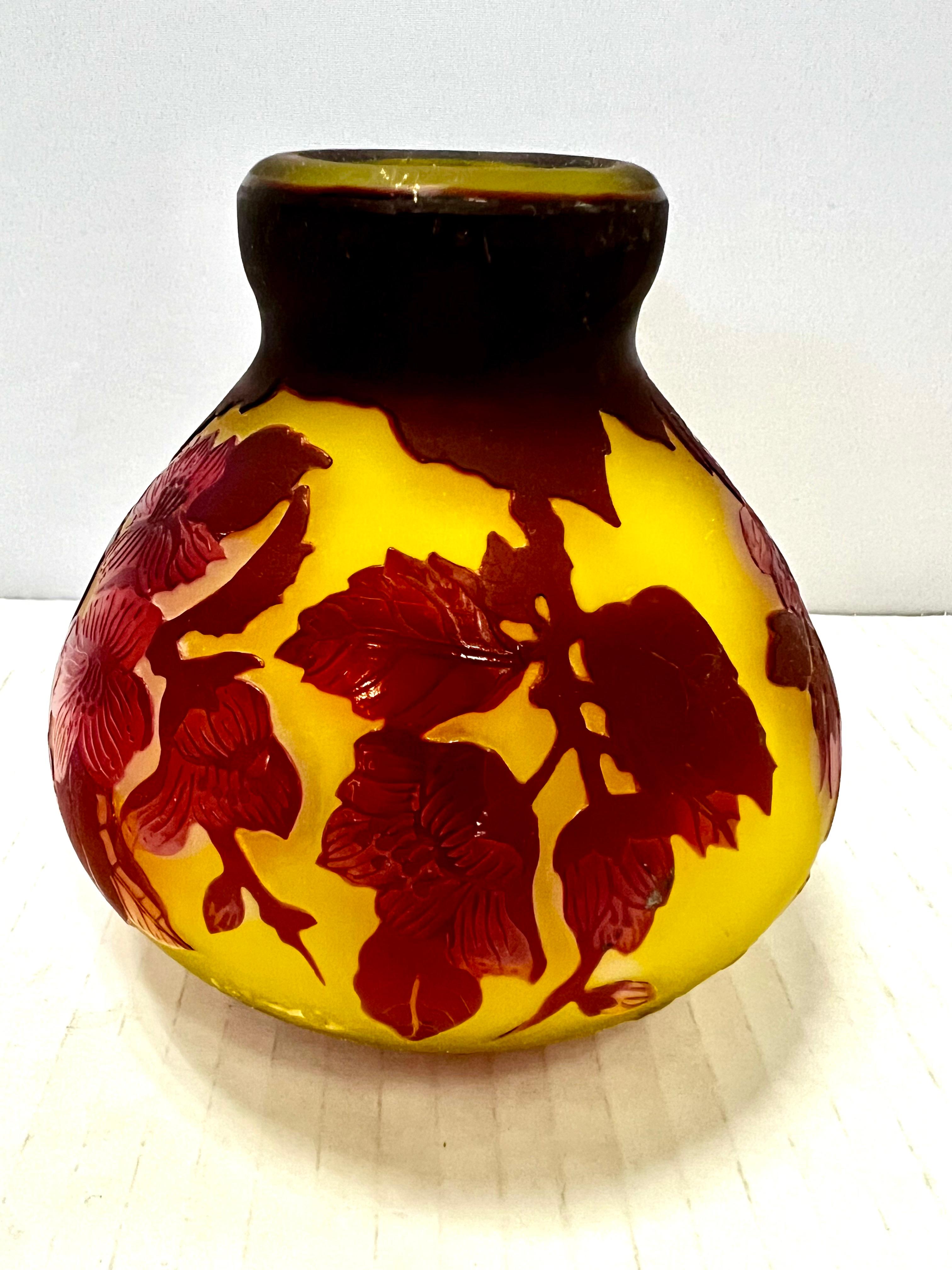 Art Glass Emile Galle Cameo Glass Windowpane Floral Art Noveau Vase Vessel For Sale
