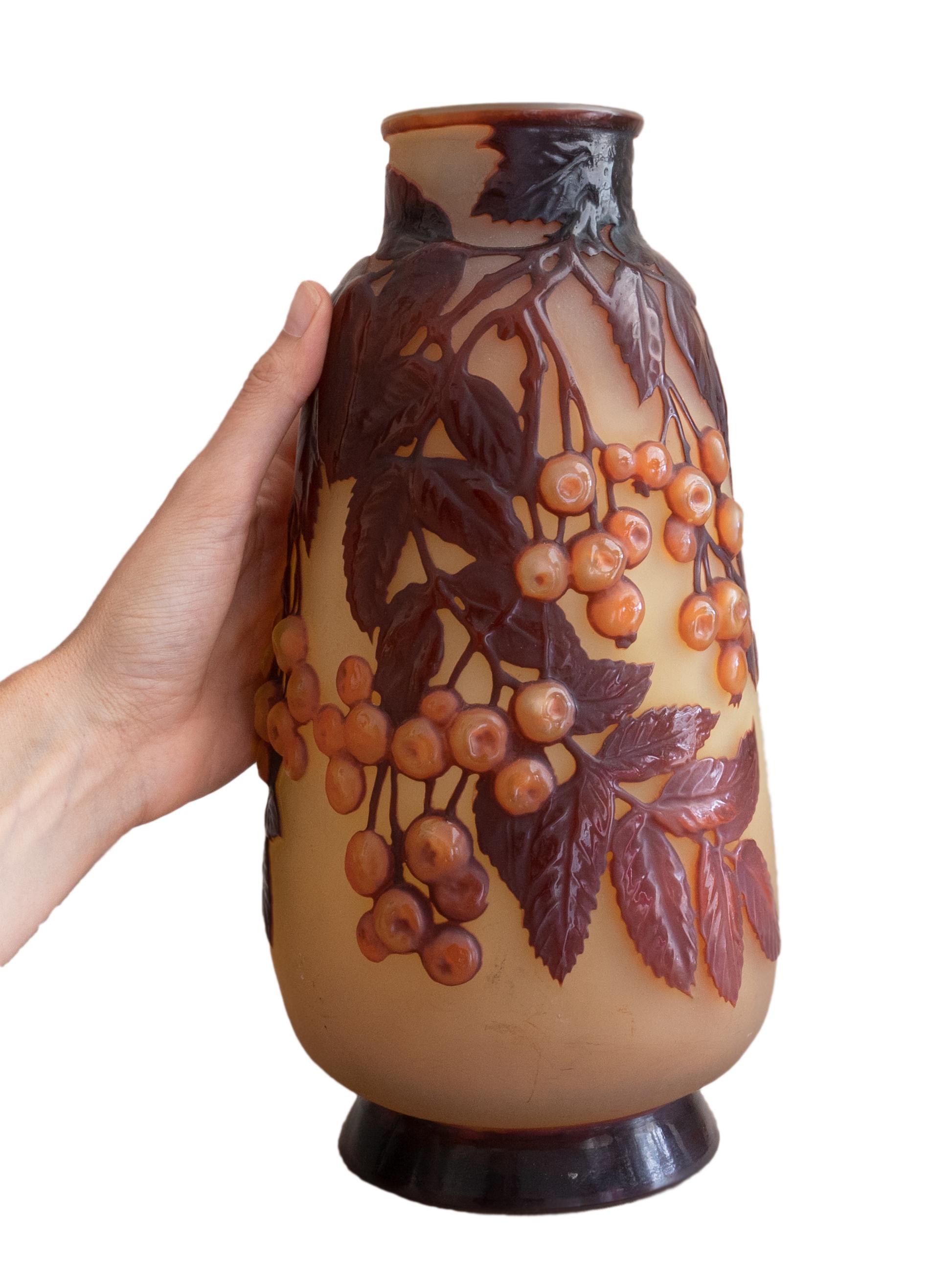 Emile Gallé Cherries Souffle Cameo Glass Vase, 1915  For Sale 6
