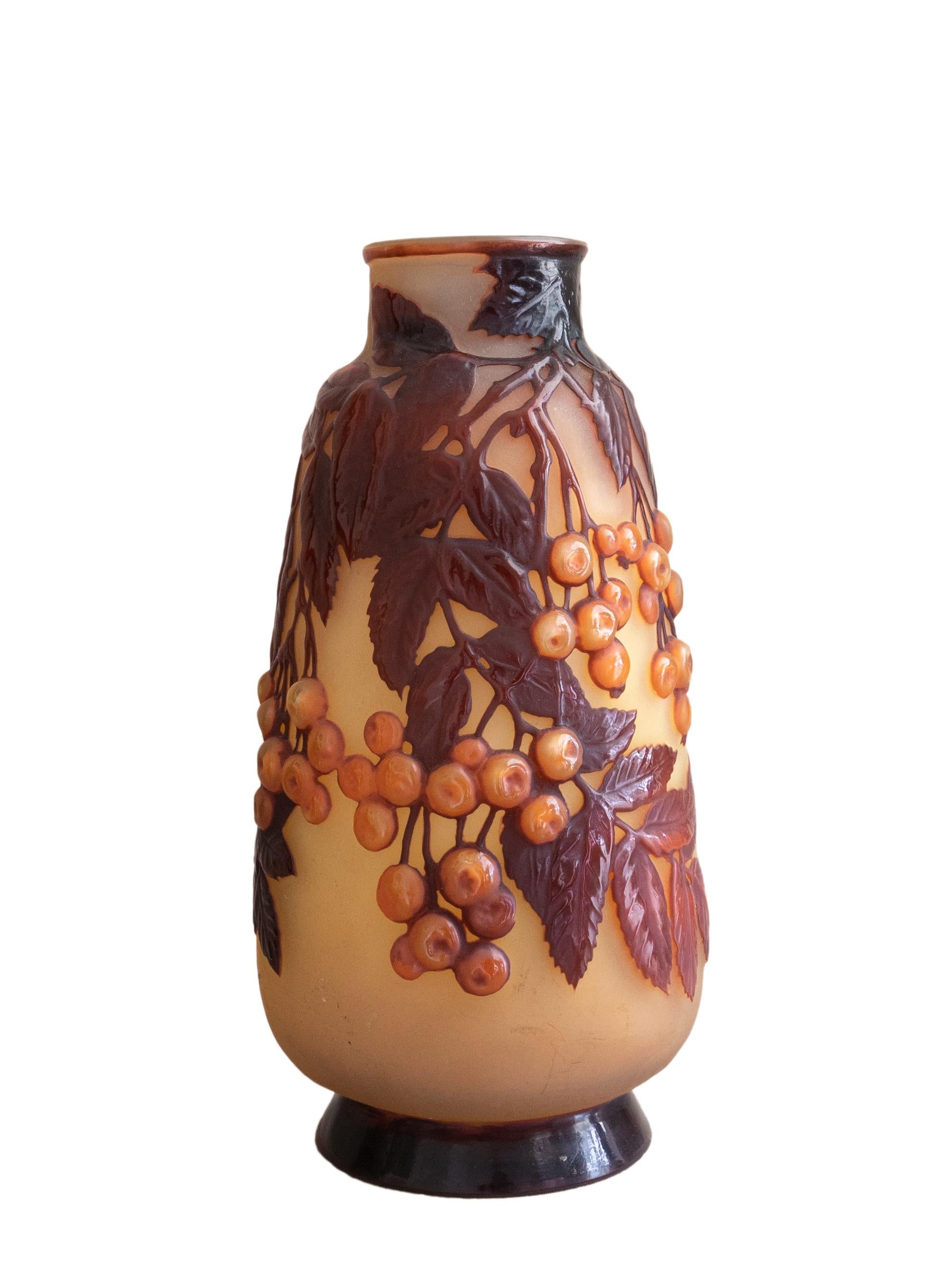 20th Century Emile Gallé Cherries Souffle Cameo Glass Vase, 1915  For Sale