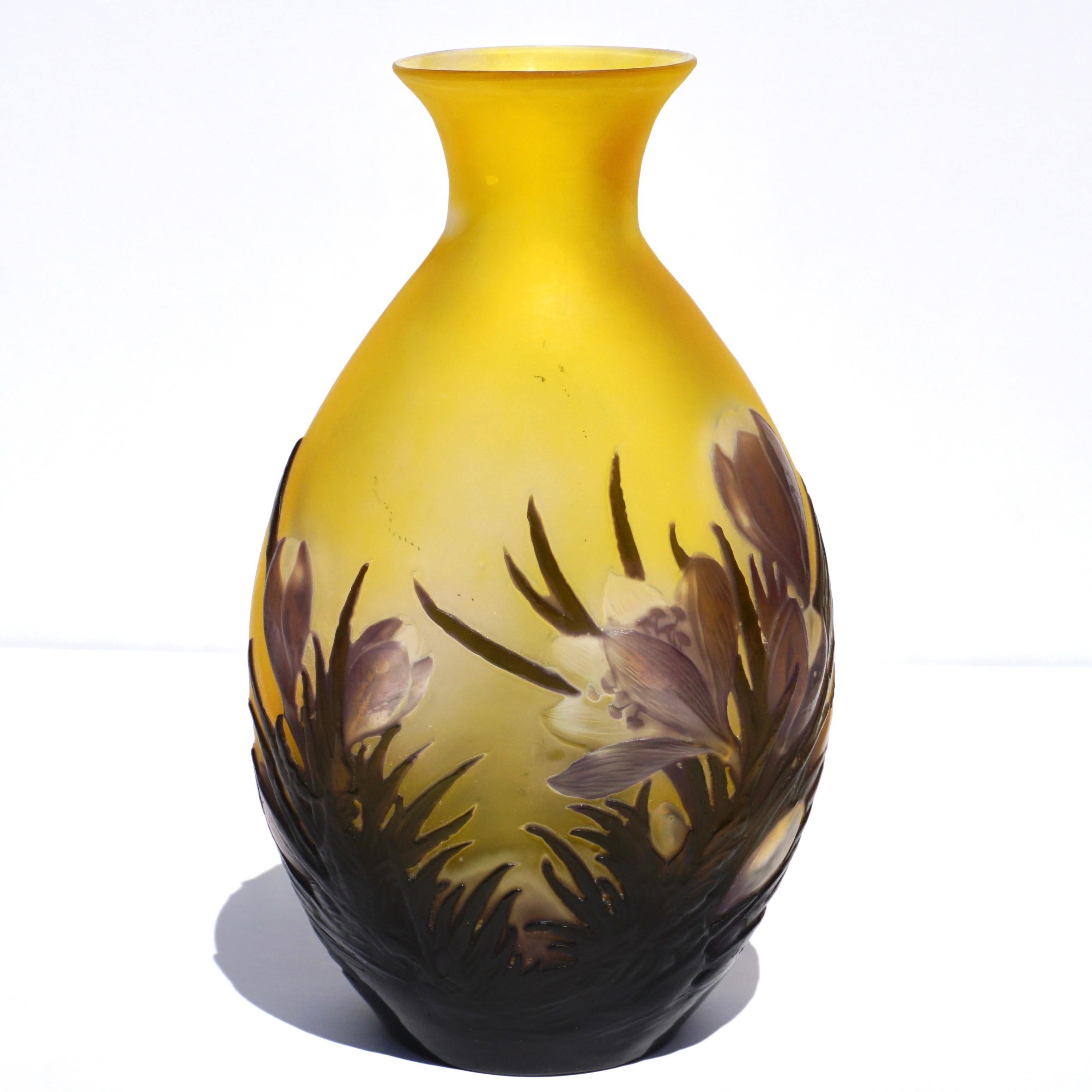 A wonderful and rare Mold Blown Tulip or Crocus vase by Emile Galle. Nancy France circa 1900

This sumptuous crocus vase has protruding purple flowers alond with thick wheel carved and cameo acid etched reed leaves on a frosty yellow background. The