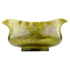 Émile Gallé, Enameled Seashells and Flowers Green Opaline Glass Jardinière Vase