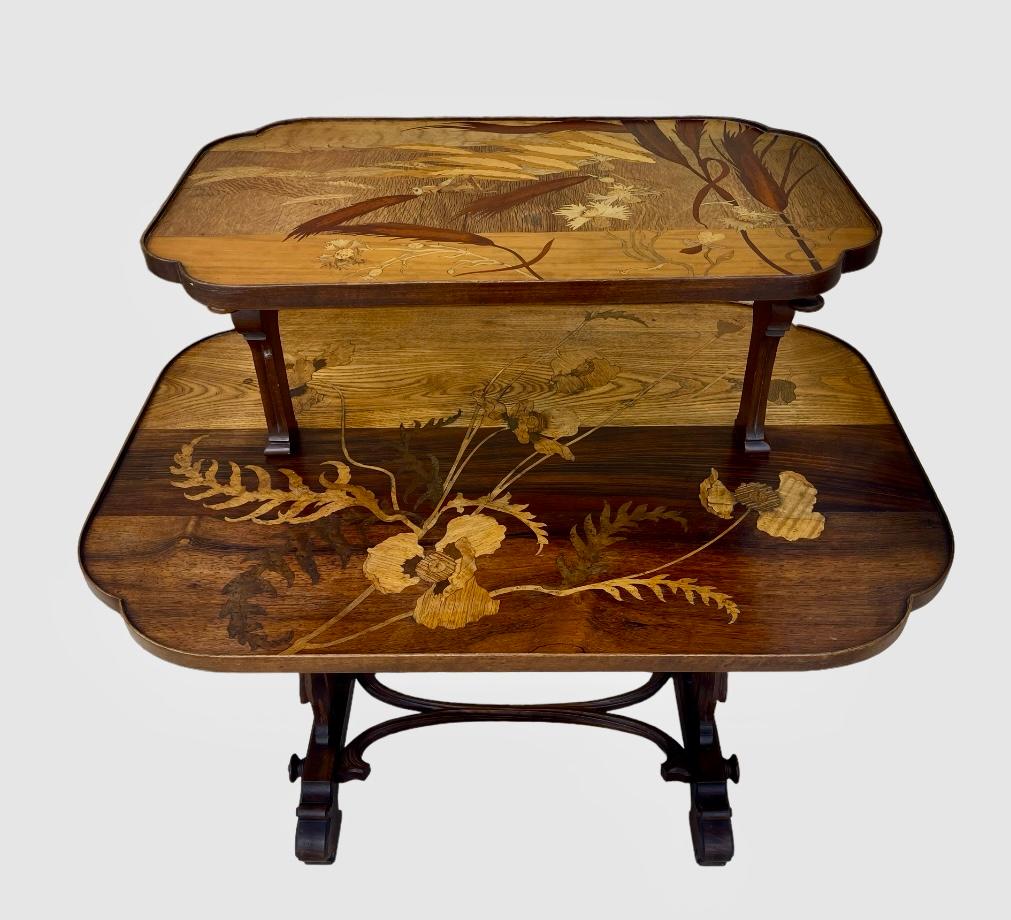 Rare modèle pour cette superbe table à thé avec double plateaux en marqueterie à décor floral : blé, fleurs de pissenlit, coquelicots et grillon/ sauterelle. Magnifique base en acajou sculptée de fleurs. Cette table est en très bon