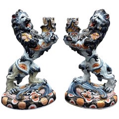 Emile galle Faience Haroldic Lion Candelabras