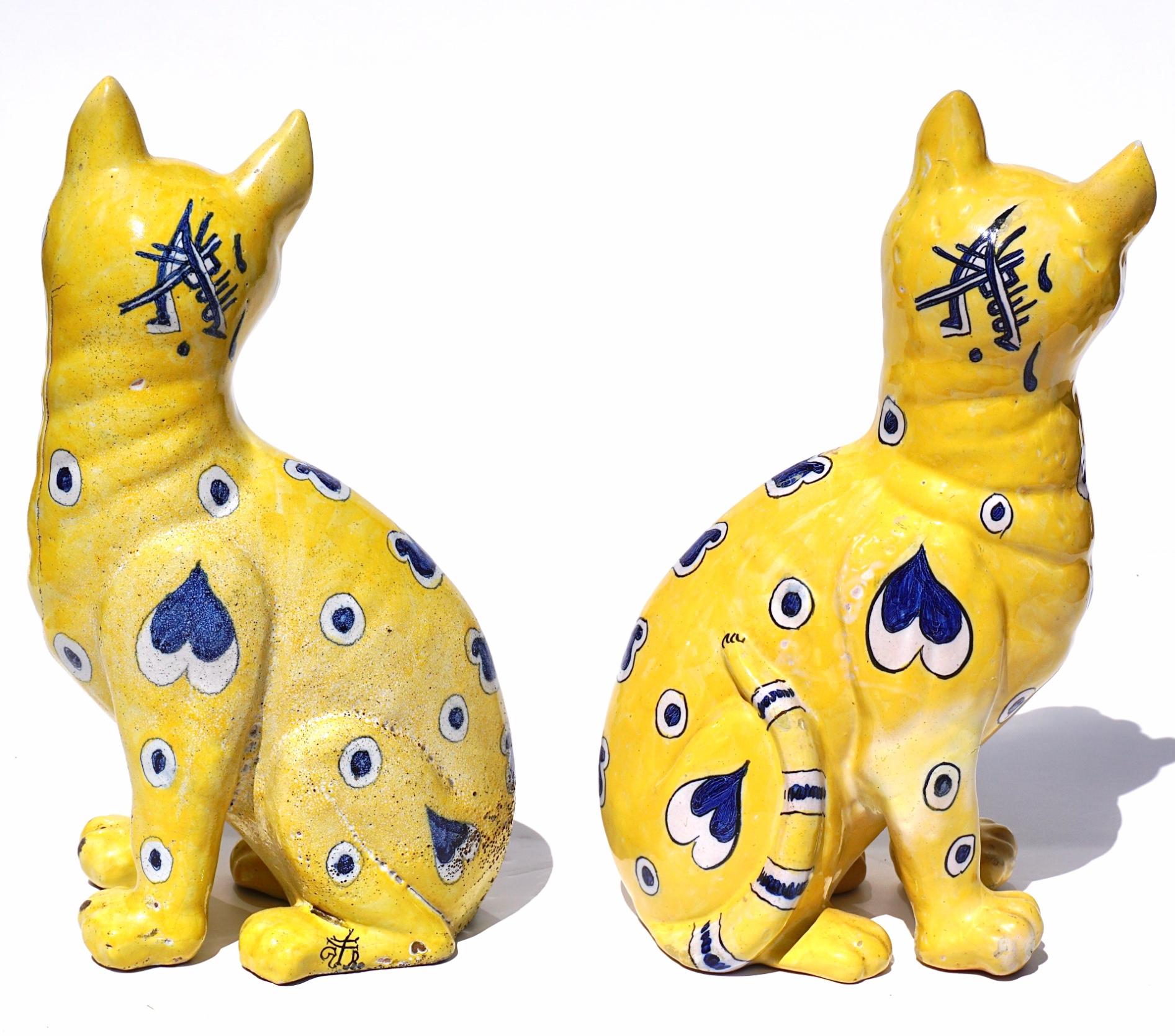French Emile Galle Faience Painted Pottery Cats Pair For Sale